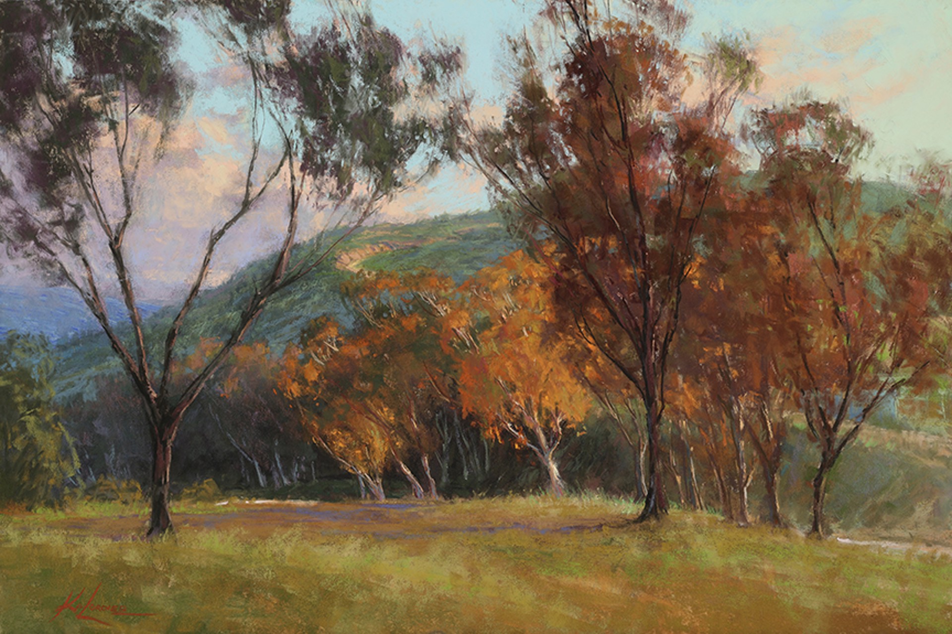 A painting of trees in a grassy field with mountains in the background.