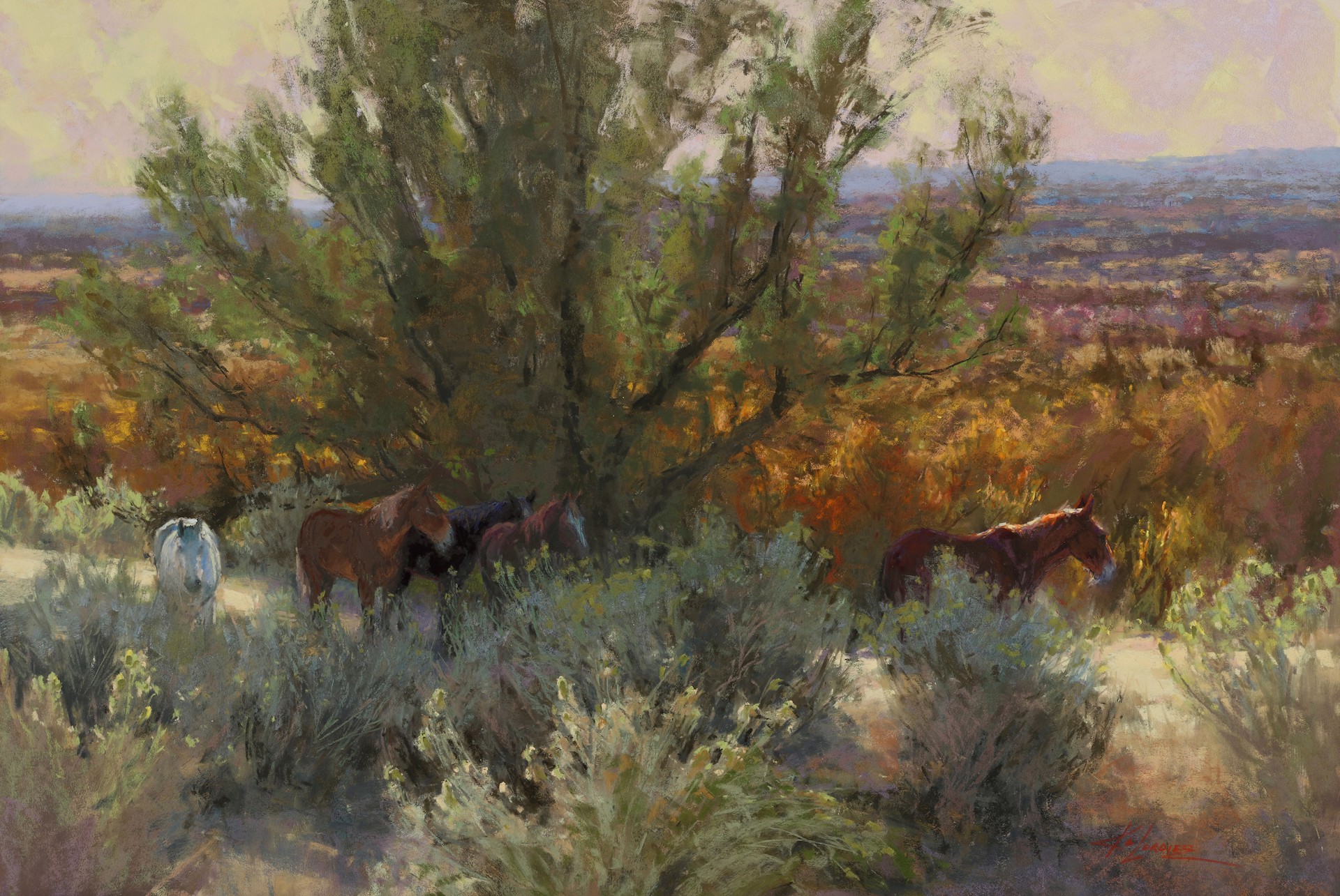 A painting of horses grazing in a desert landscape.