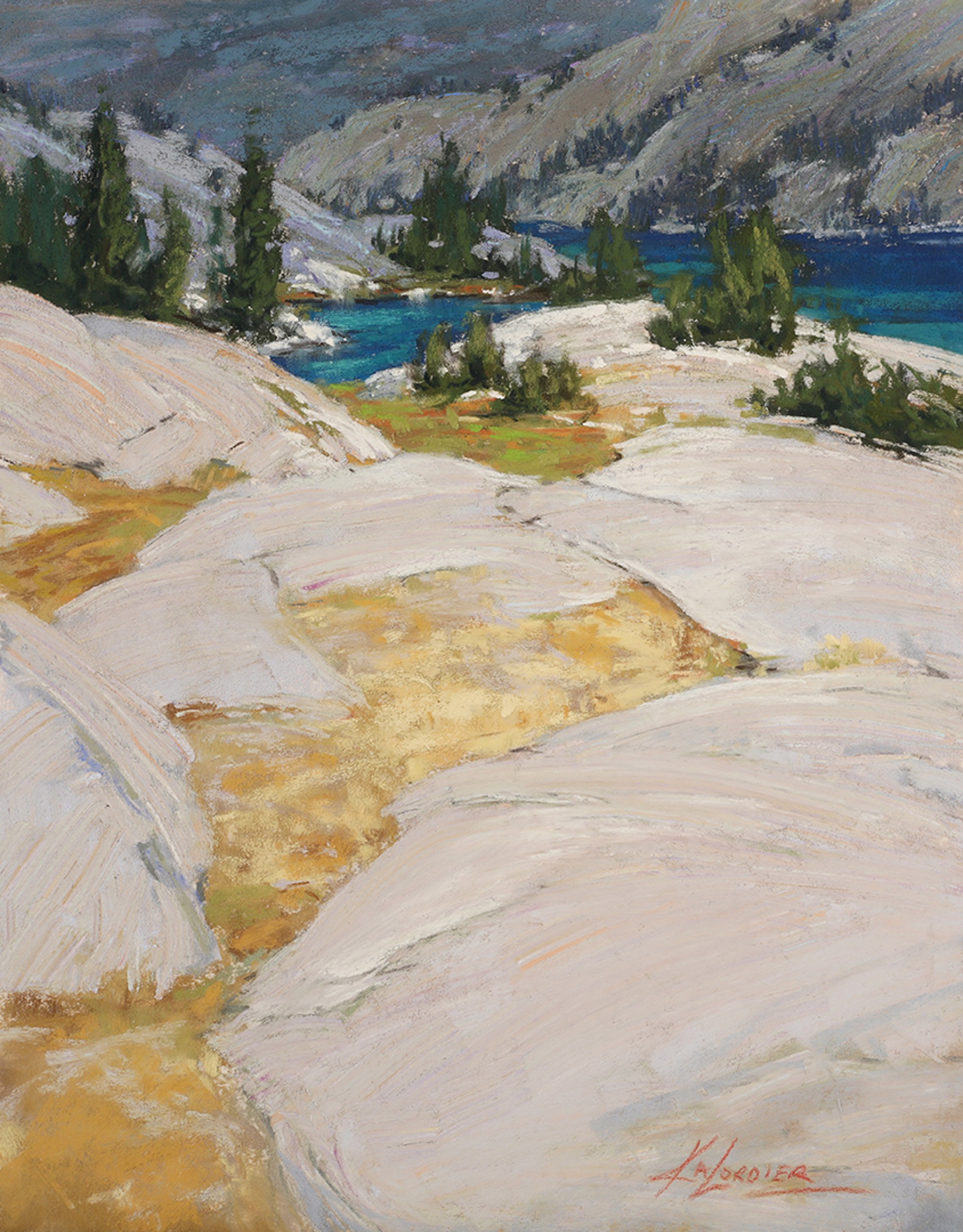 A landscape painting of a rocky foreground leading to a blue lake and distant mountains.