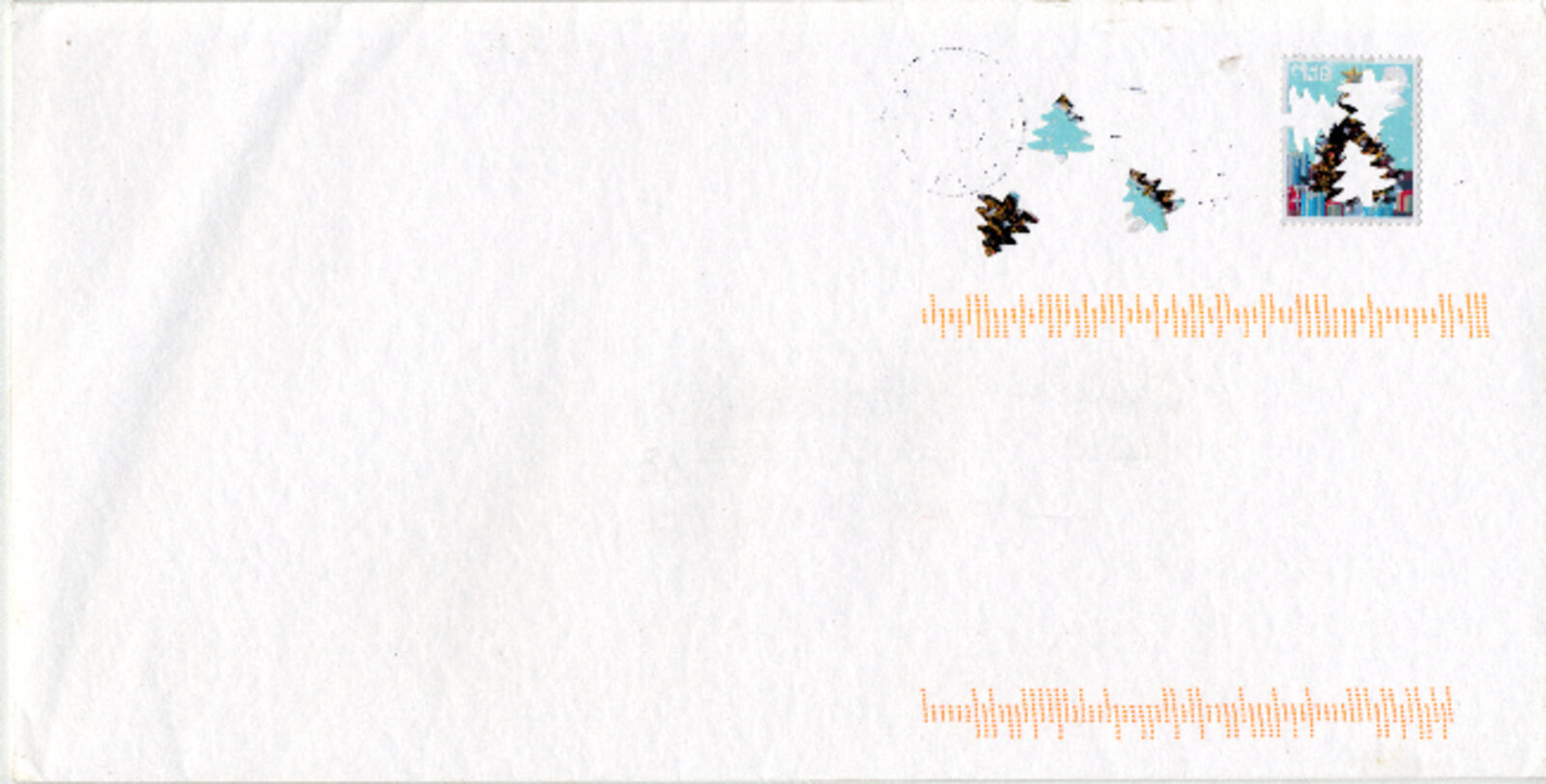A minimalist white envelope featuring a small square stamp, scattered tree-shaped marks, and faint orange dotted lines.
