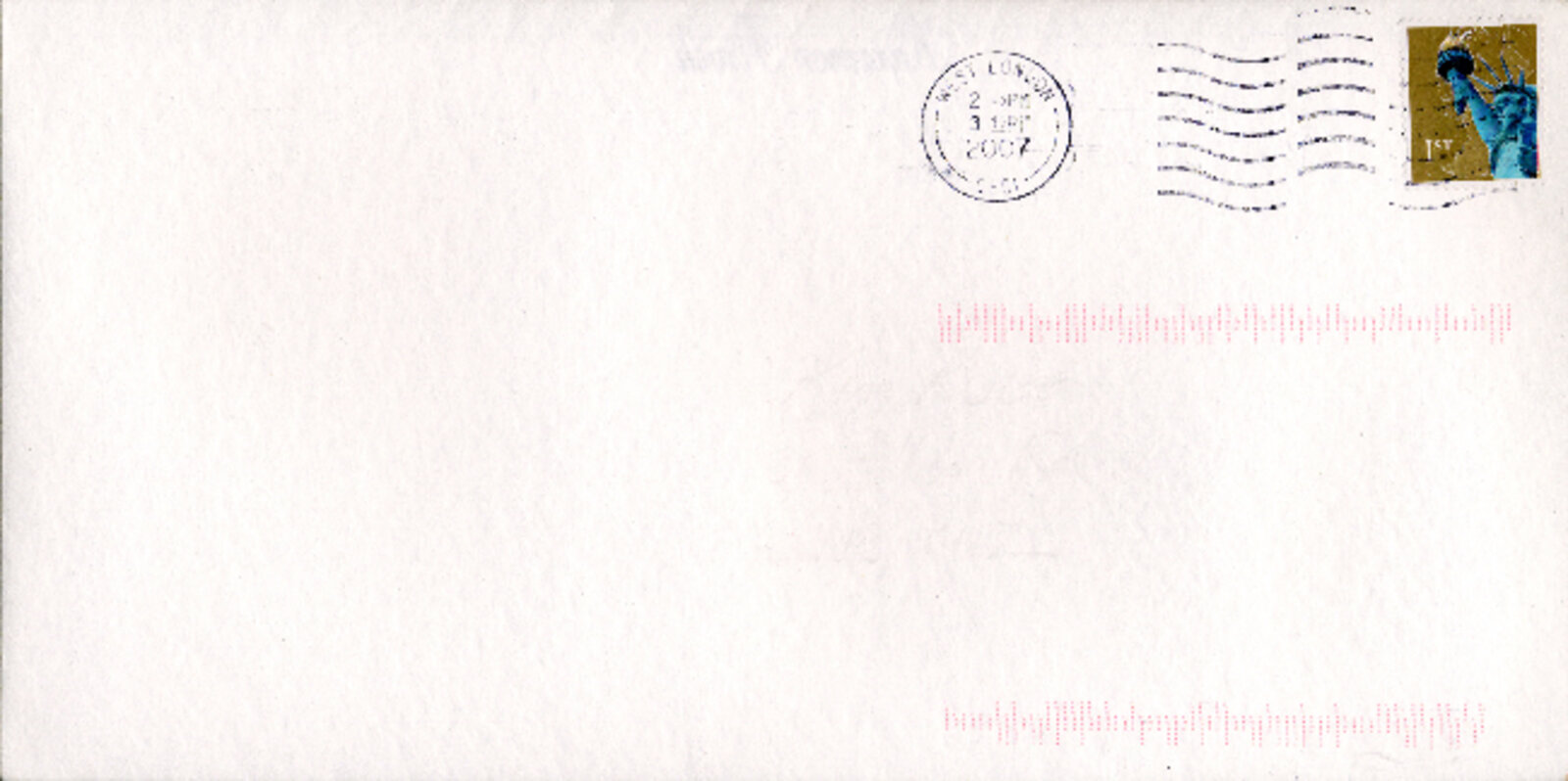 A minimalist white envelope featuring a blue stamp, circular postmark, and red barcode lines.