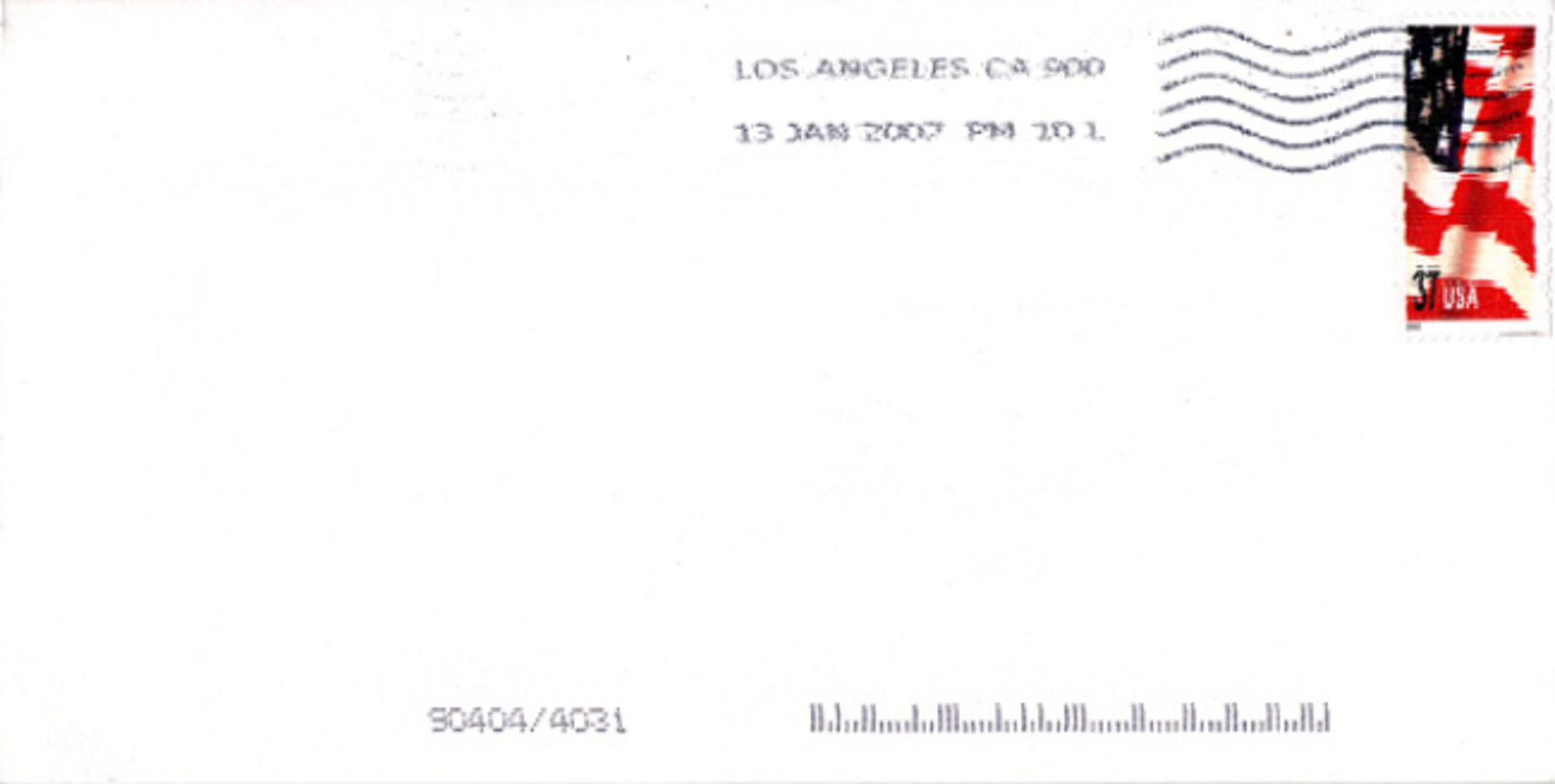 A minimalist white envelope with a red and black postage stamp, postal markings, and barcode.
