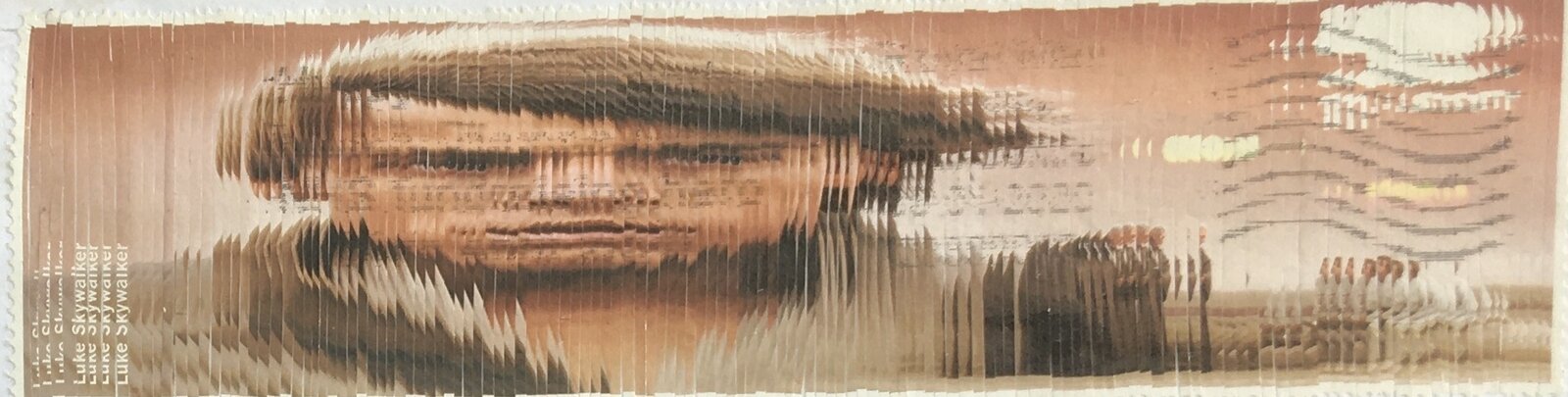 Artwork by Kim Rugg, Luke Skywalker, Made of Stamps on envelope 