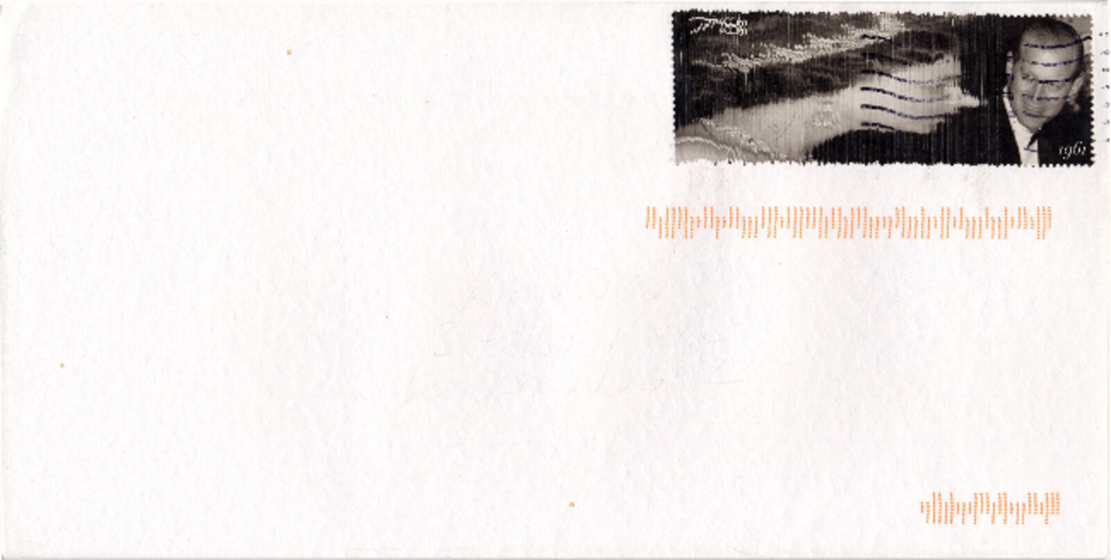 A minimalist white envelope with a black-and-white portrait stamp and orange barcode-like markings.