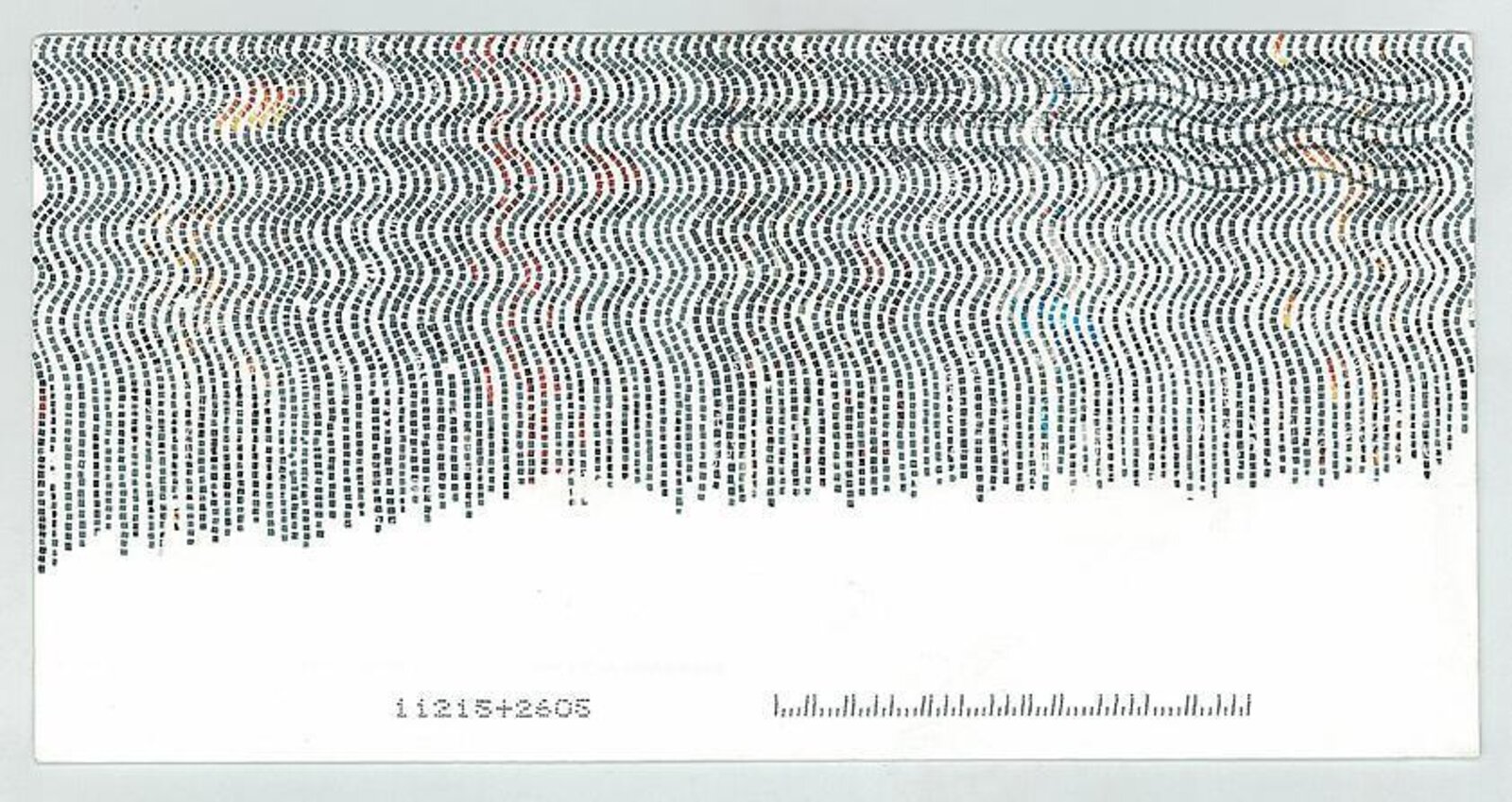 A digital art piece featuring a wavy, pixelated texture with subtle color variations and numerical codes.