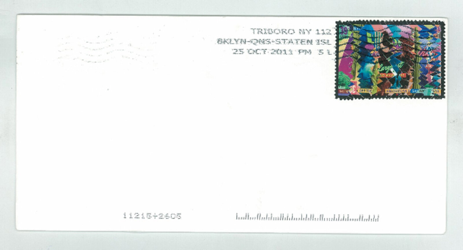A white envelope with a colorful geometric stamp and postal markings.