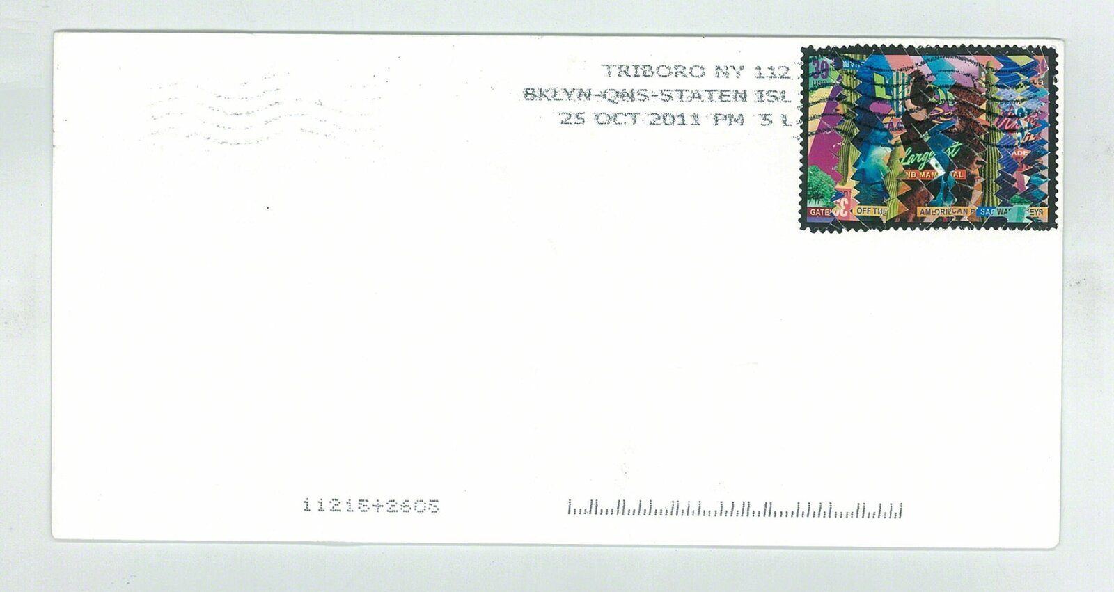 A white envelope with a colorful geometric stamp and postal markings.