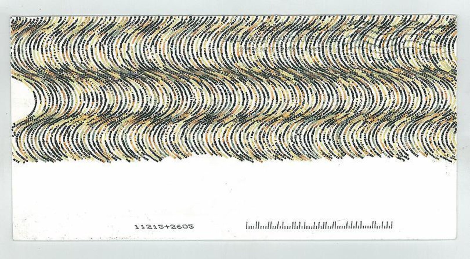 A horizontal abstract composition featuring layered wavy lines in earth tones against a stark white background.