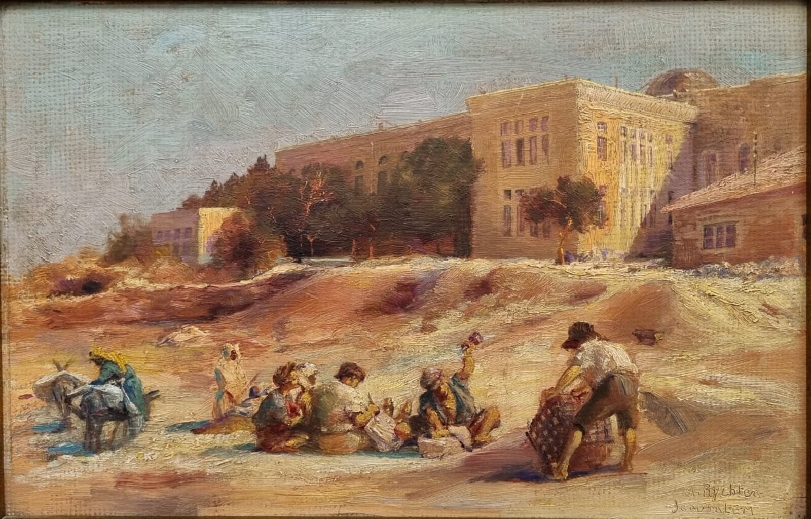 A sun-drenched street scene with figures resting near a large building.