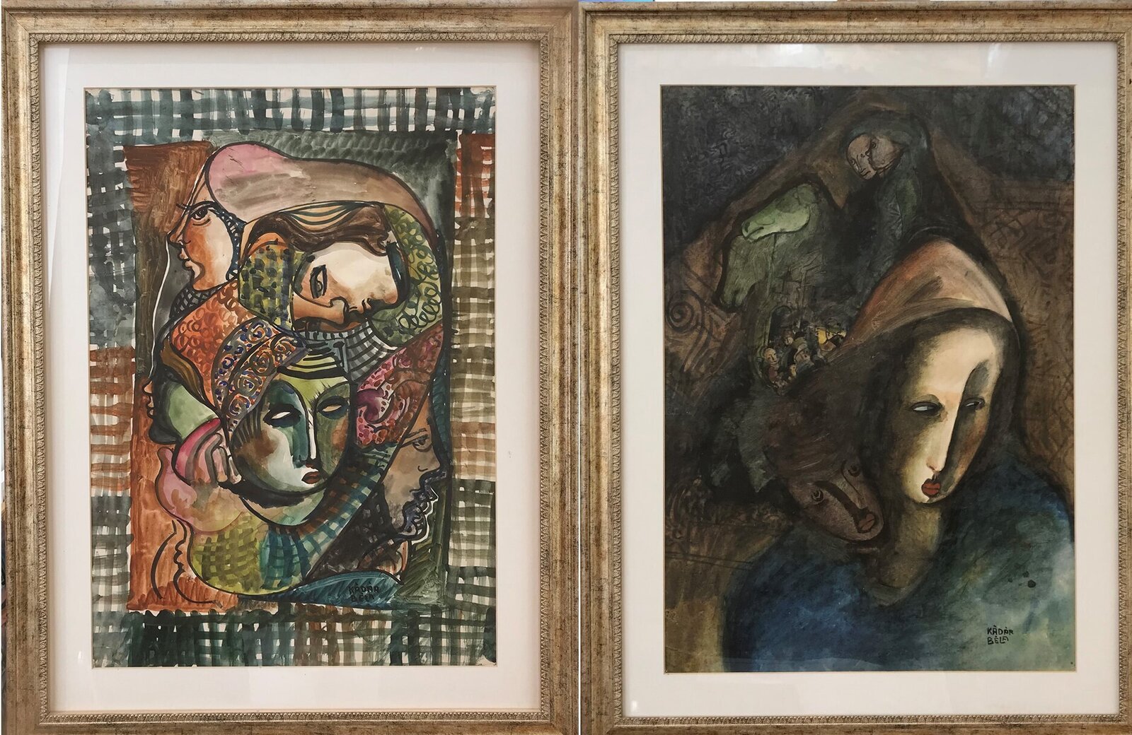 Two framed watercolor portraits featuring stylized figures with expressive faces and patterned backgrounds.