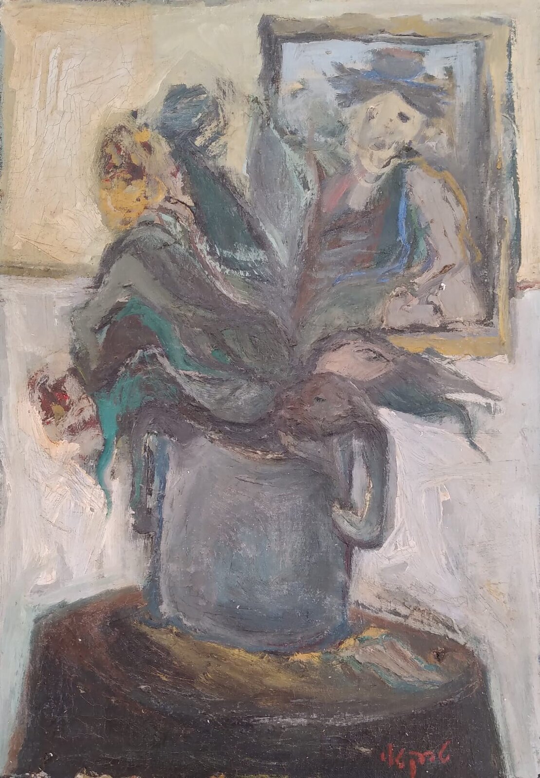 A still life featuring a vase of flowers with a portrait in the background.