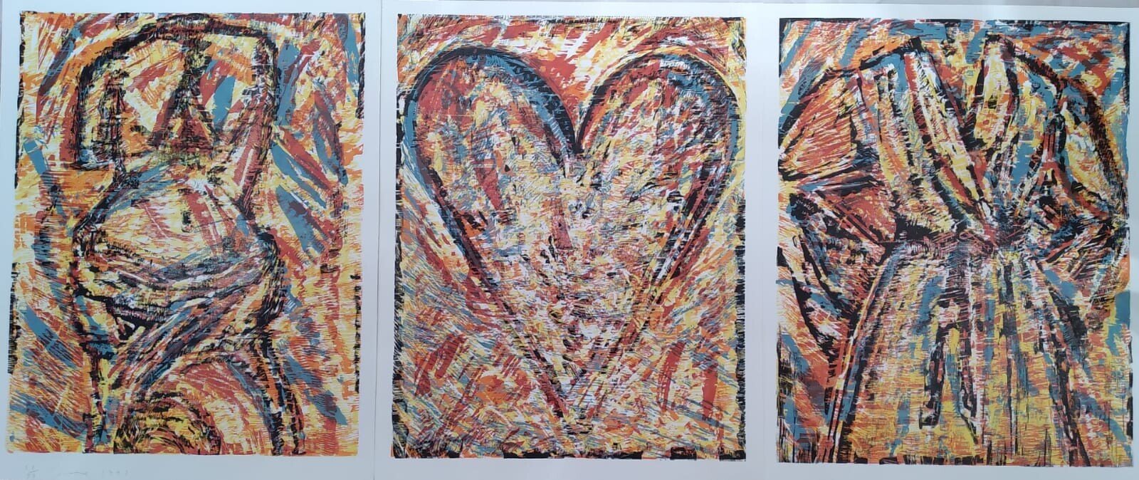 A triptych of expressive linocut prints featuring a stylized face, a heart shape, and abstract forms.