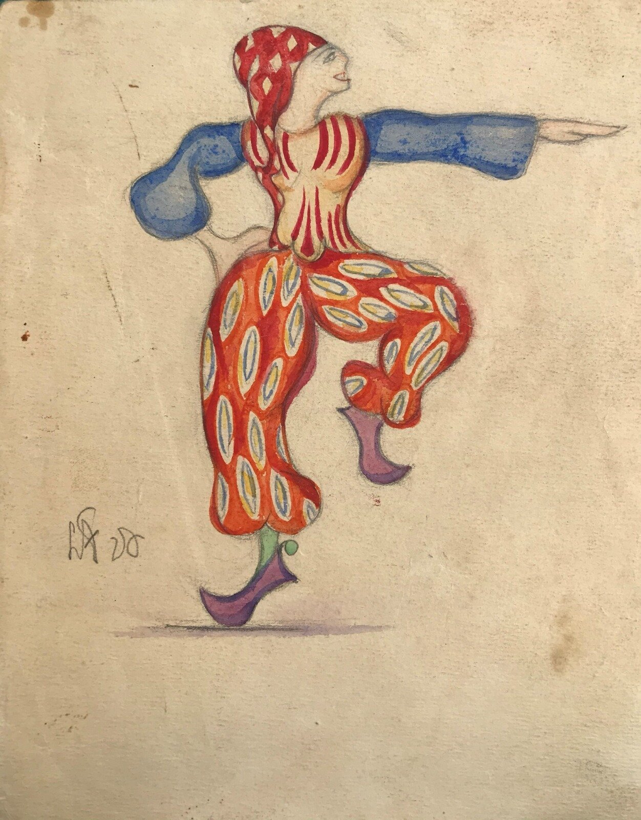 A whimsical sketch of a figure in a colorful costume performing a dynamic dance pose.
