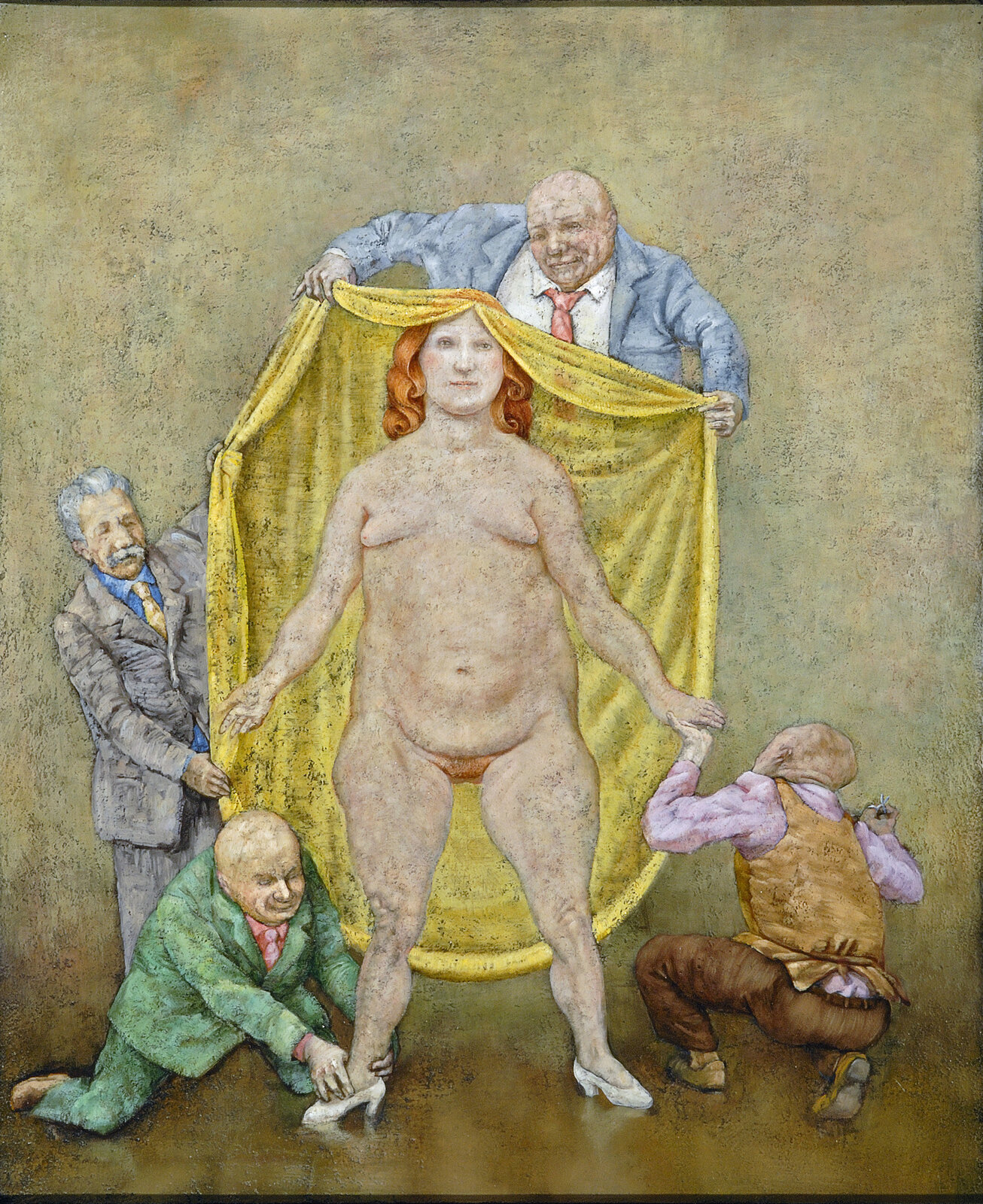 A surreal tableau of a nude figure being unveiled by four men in formal attire.