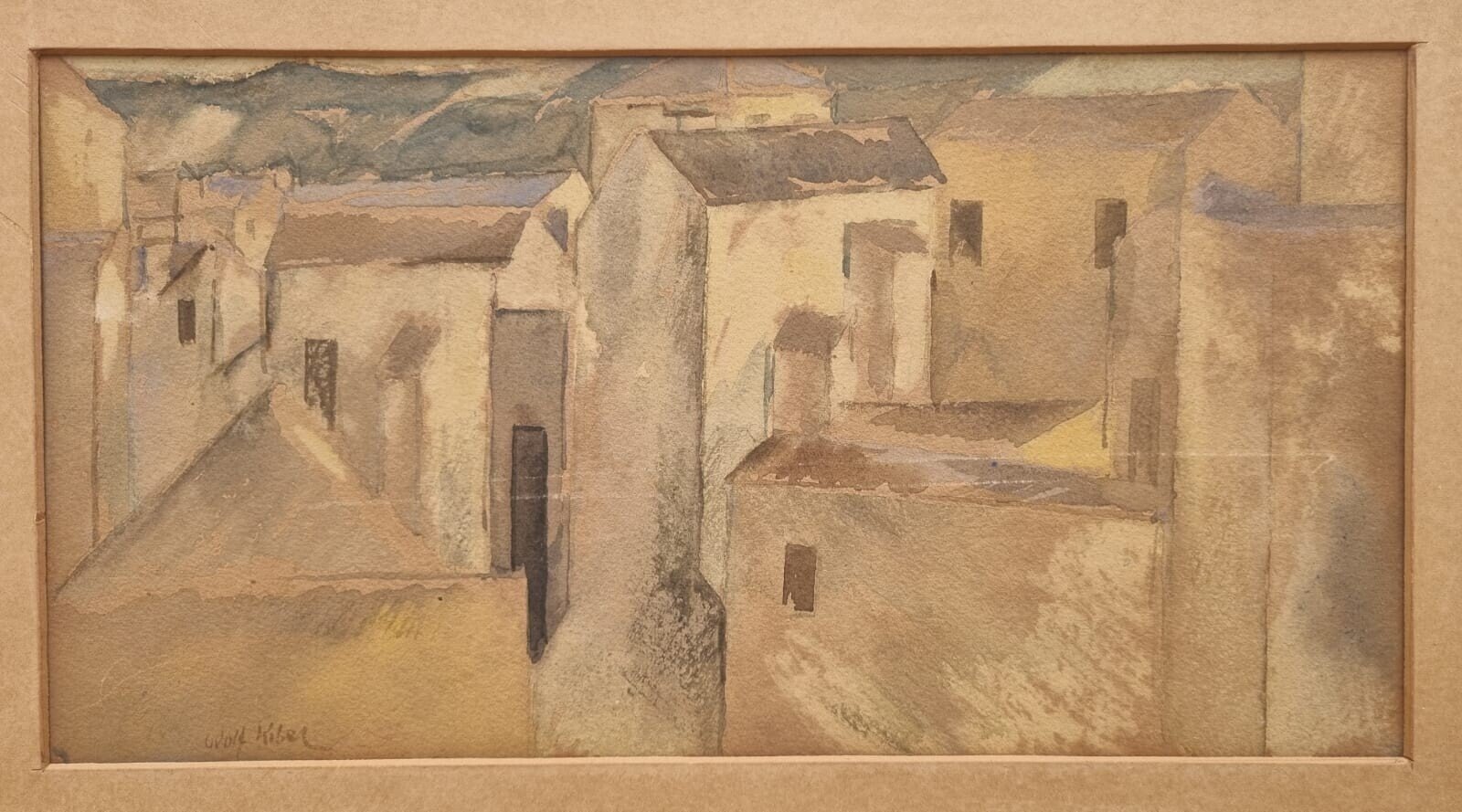 A watercolor landscape of a sun-drenched village with blocky buildings and distant mountains.