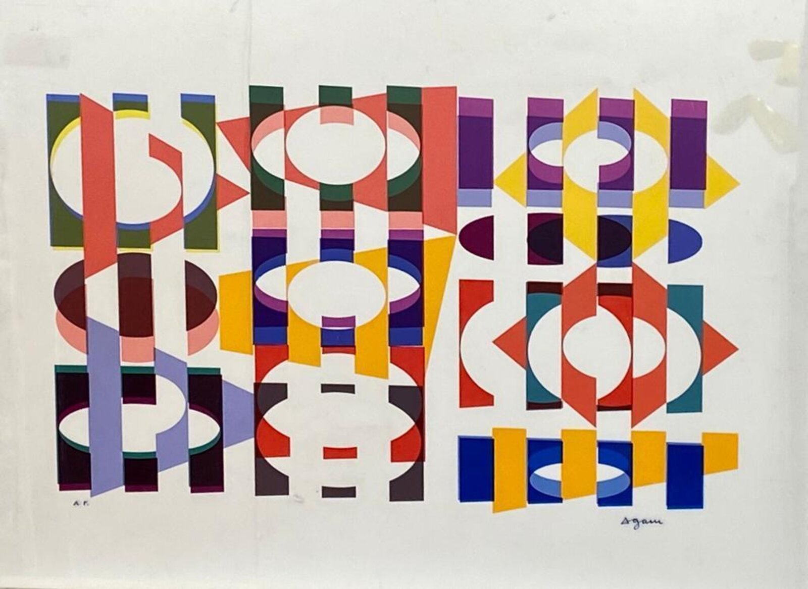 A colorful abstract composition featuring geometric shapes and layered forms.