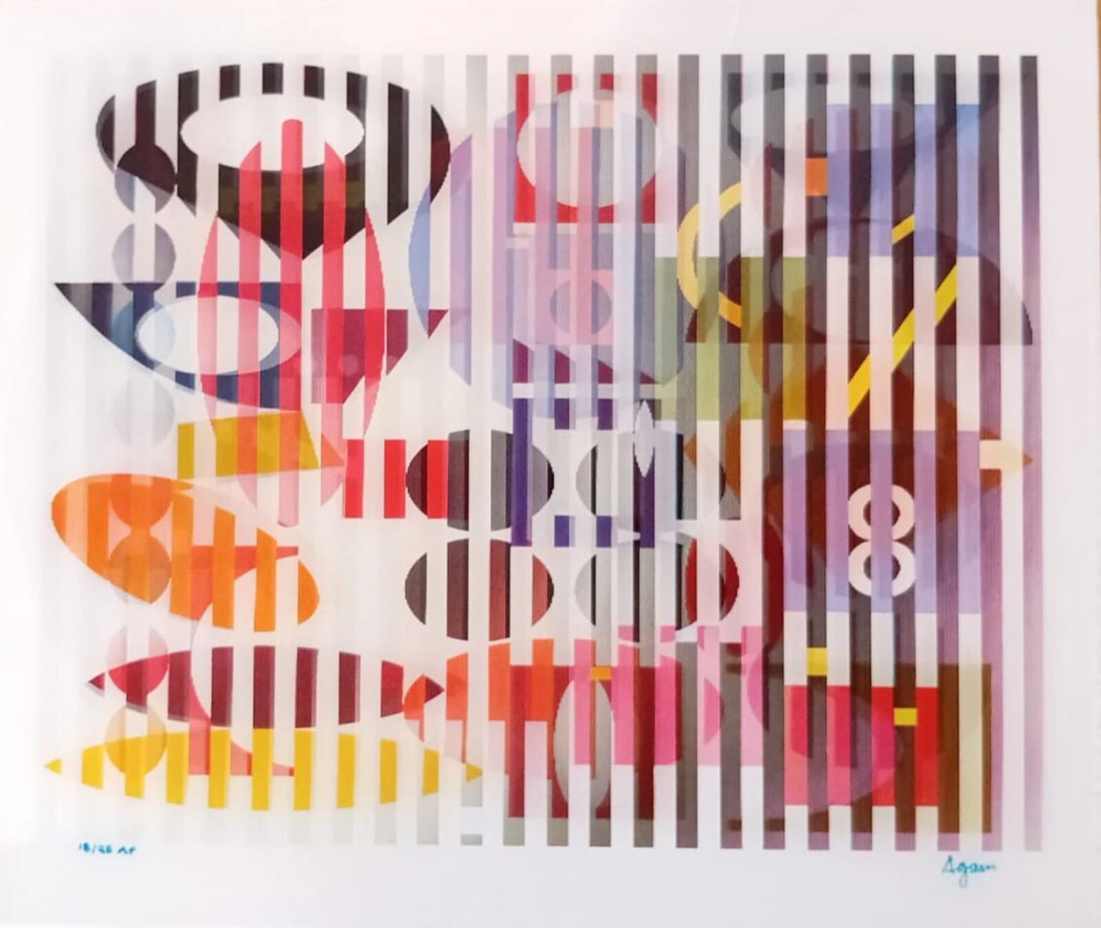 A vibrant abstract composition featuring layered geometric shapes and vertical stripes.