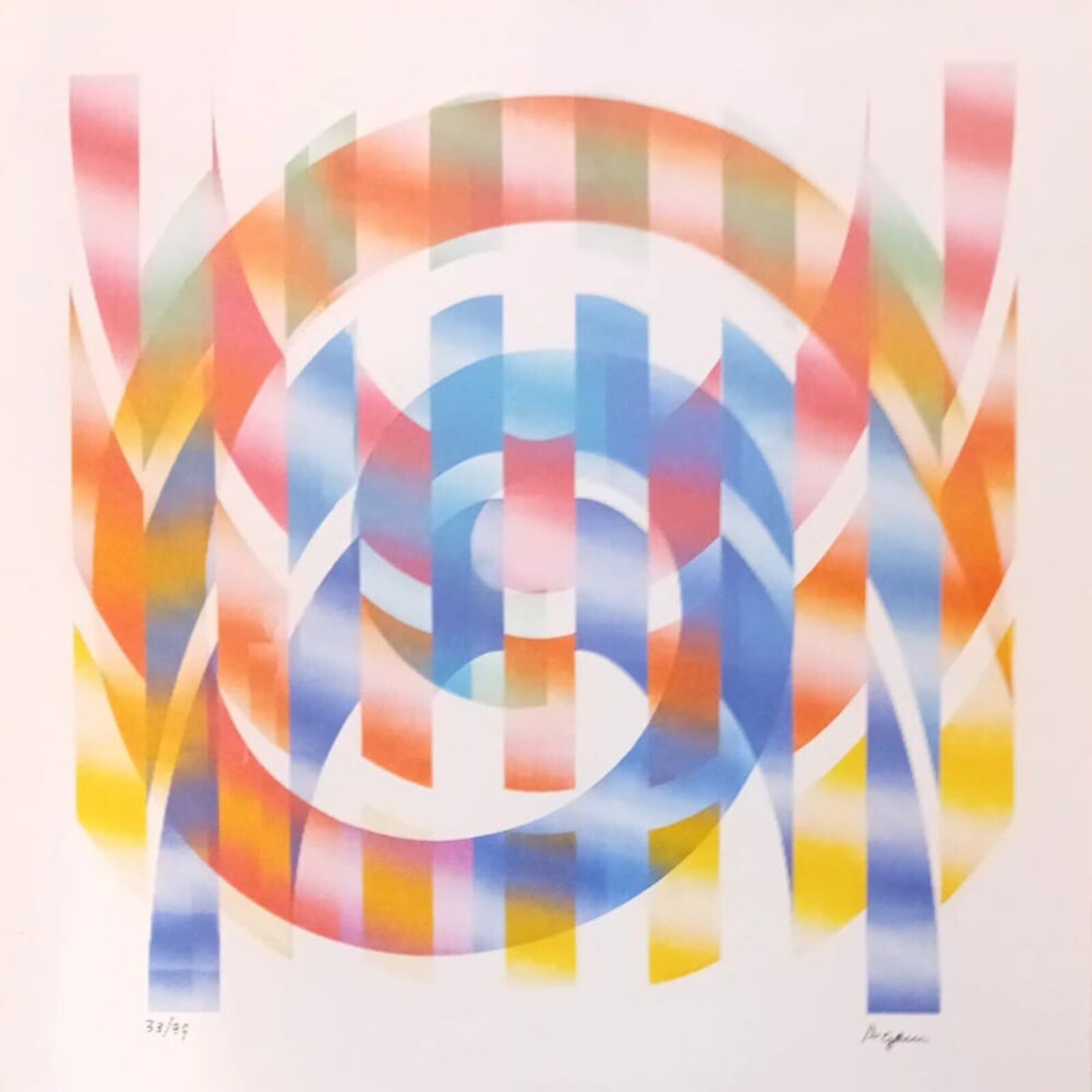 A vibrant abstract composition featuring concentric circles and vertical bars in a rainbow of soft, blended colors.