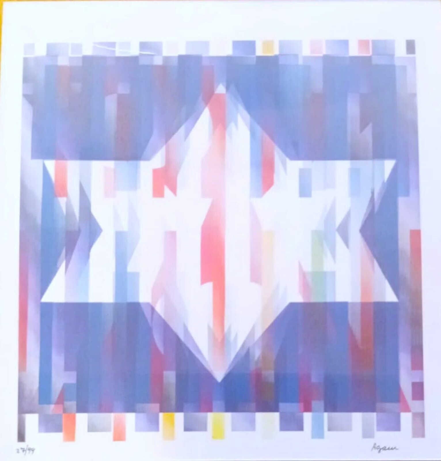 A geometric abstract composition featuring a central white star-like shape surrounded by blue and red pixelated blocks.