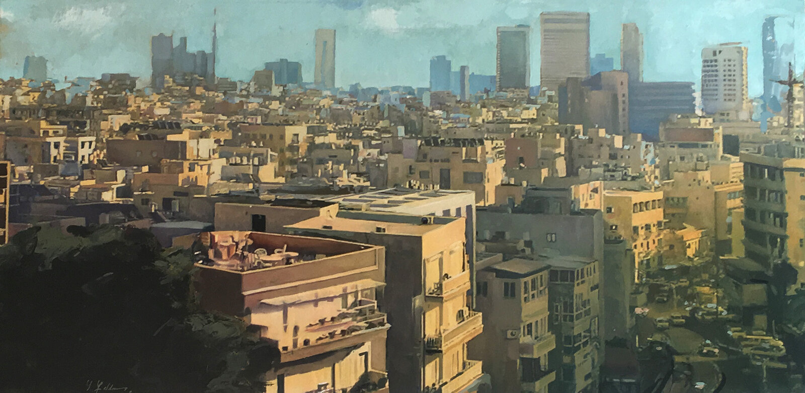 A layered urban cityscape blending dense residential buildings with a modern skyline.