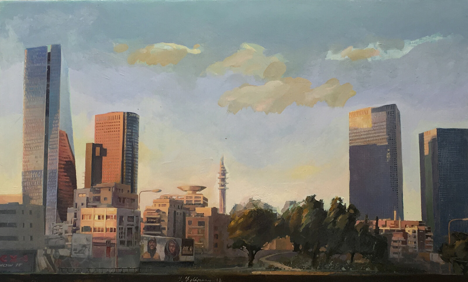 A painterly cityscape capturing the golden hour glow on a modern skyline.