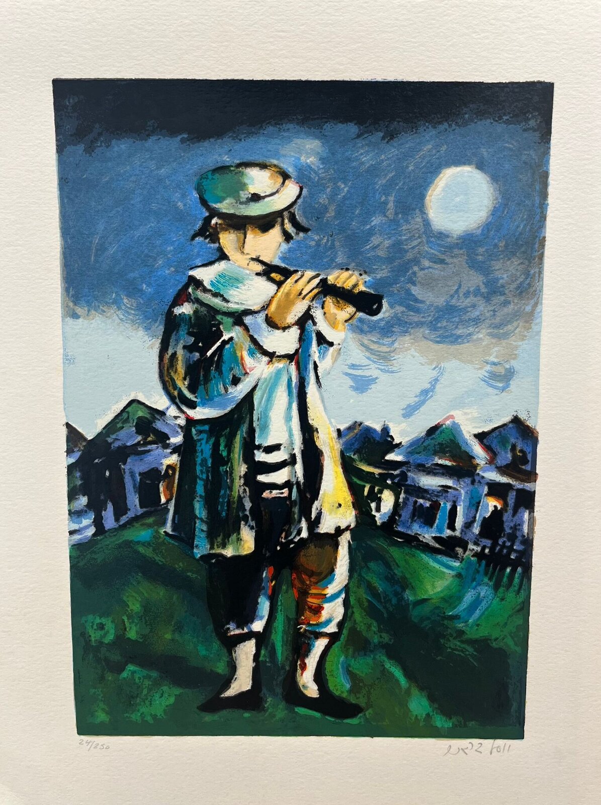 A figure in a hat plays a flute against a swirling night sky with a bright moon.