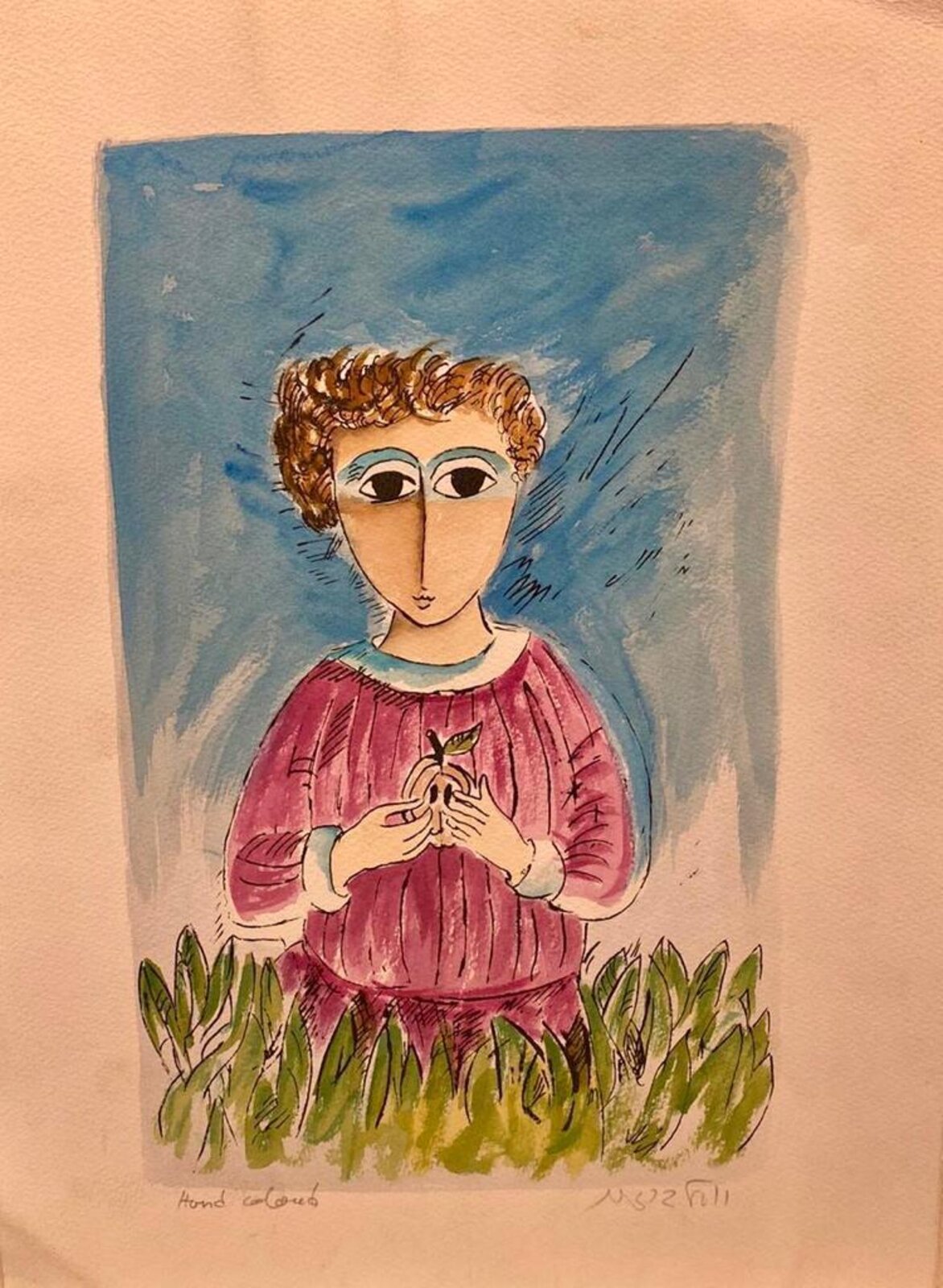A stylized portrait of a figure holding a sprouting seed against a blue background.