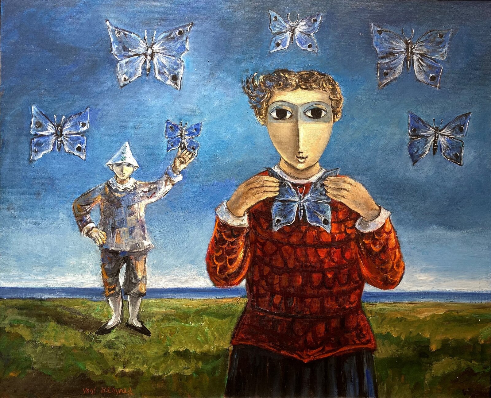 A surreal portrait of a figure in a red patterned sweater surrounded by blue butterflies against a vast blue sky.