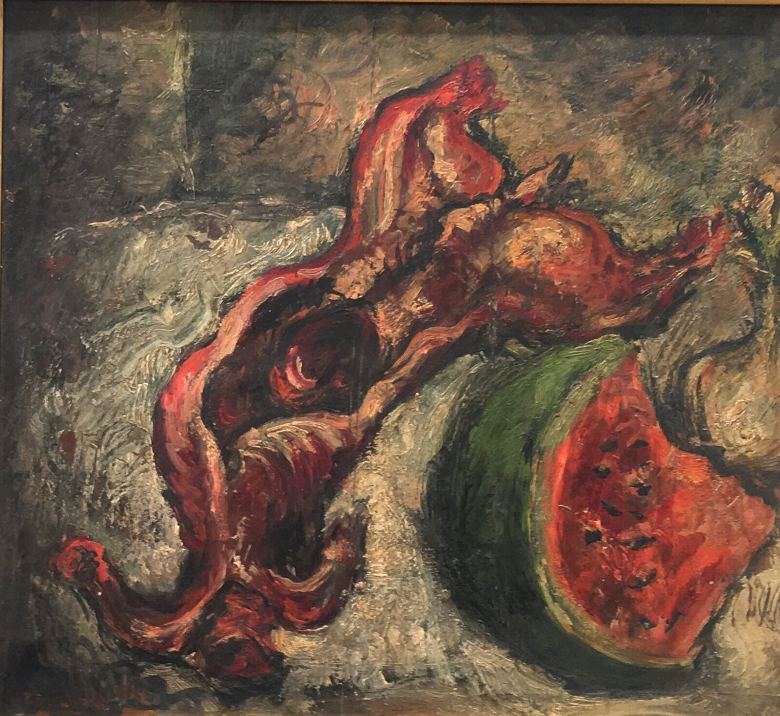 A still life painting featuring a red octopus and a sliced watermelon on a textured surface.