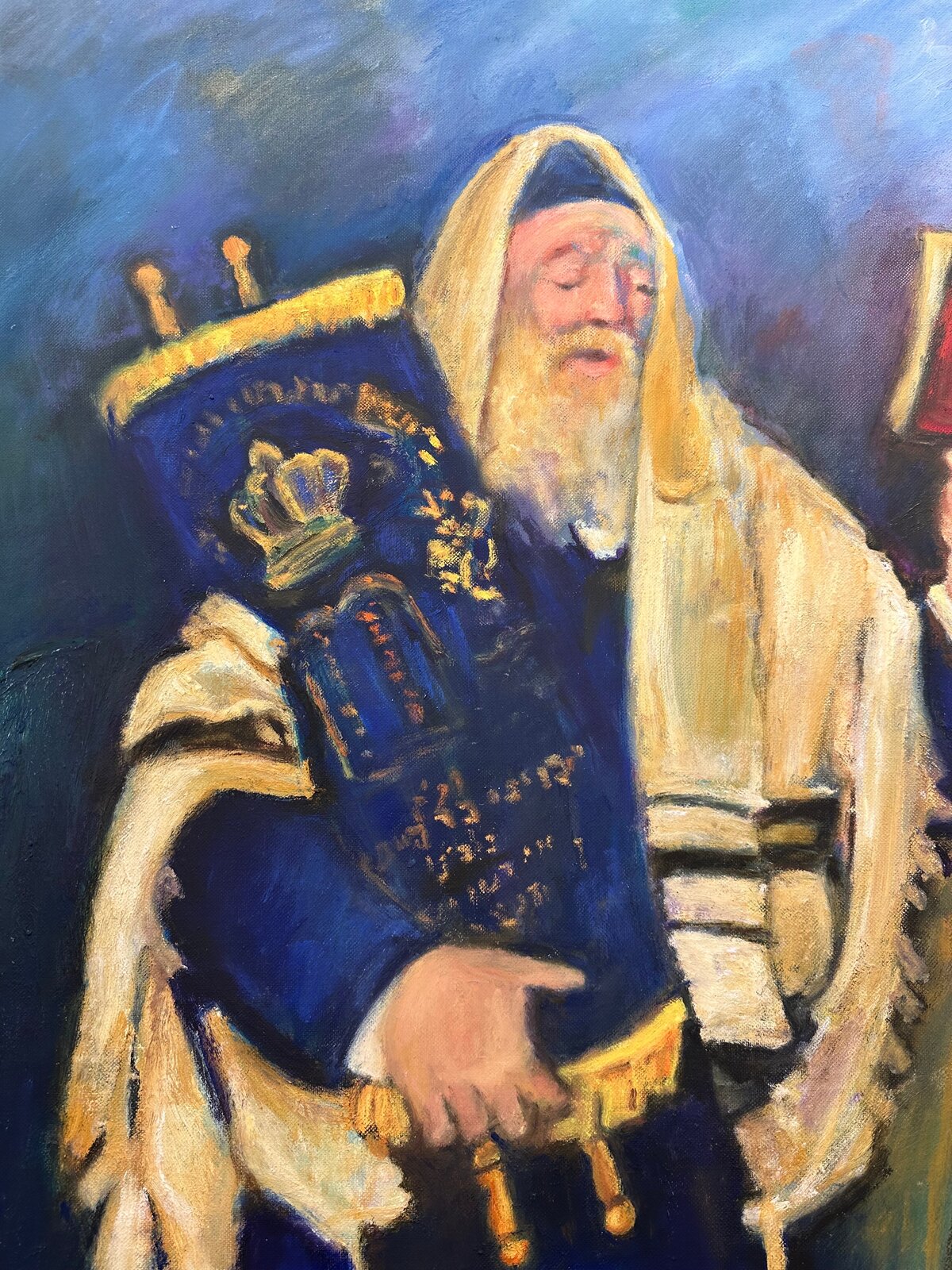 A portrait of a bearded figure in ceremonial robes holding an ornate blue scroll against a deep blue background.