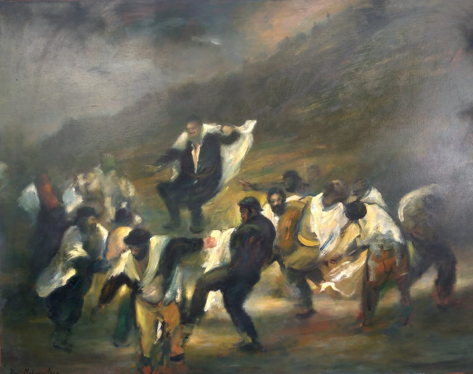 A dynamic oil painting of a group of figures in motion, rendered with loose brushwork and dramatic lighting.