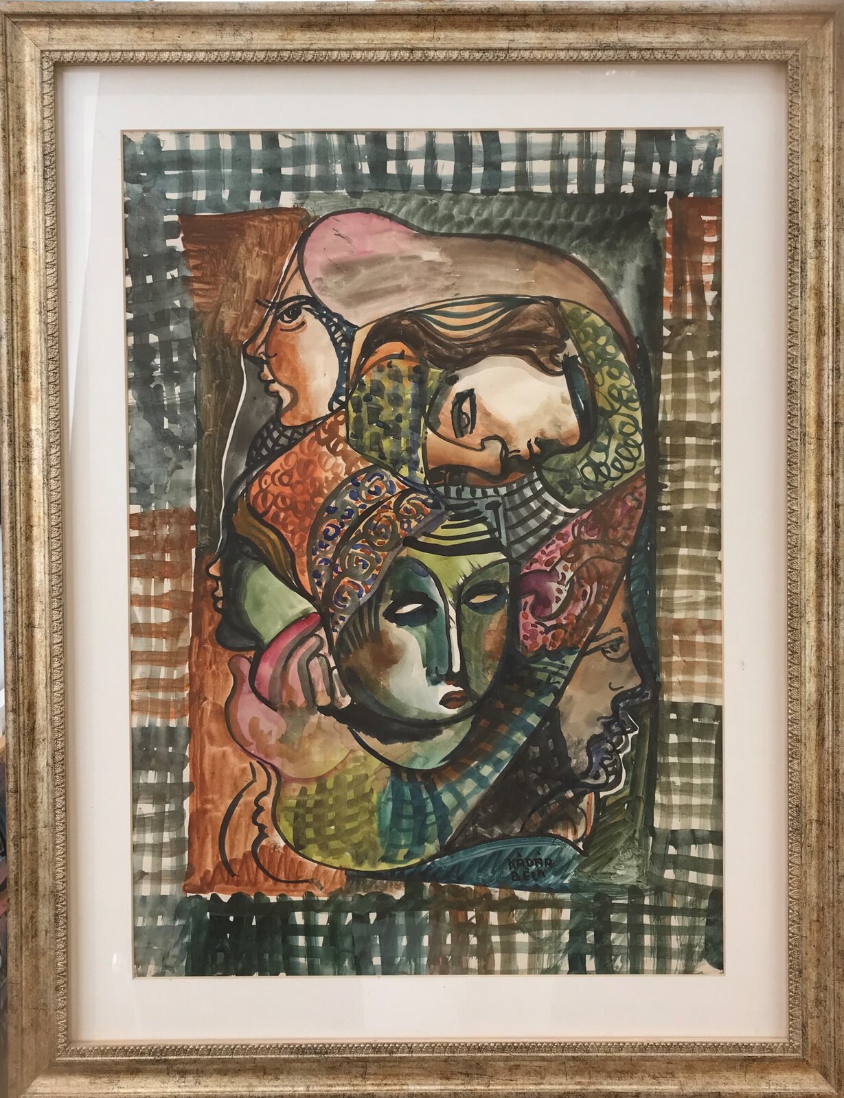 Two framed watercolor portraits featuring stylized figures with expressive faces and patterned backgrounds.