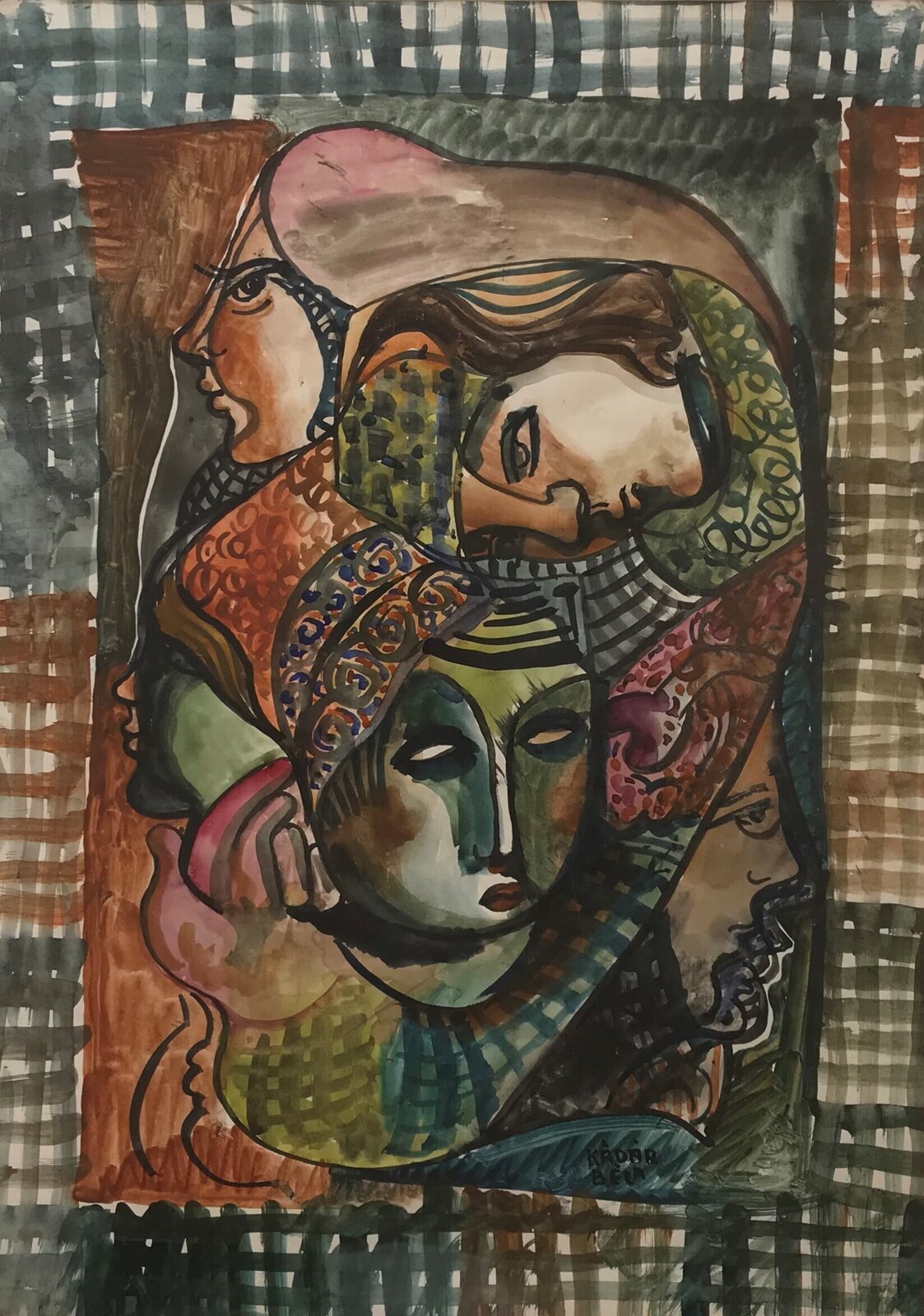 Two framed watercolor portraits featuring stylized figures with expressive faces and patterned backgrounds.