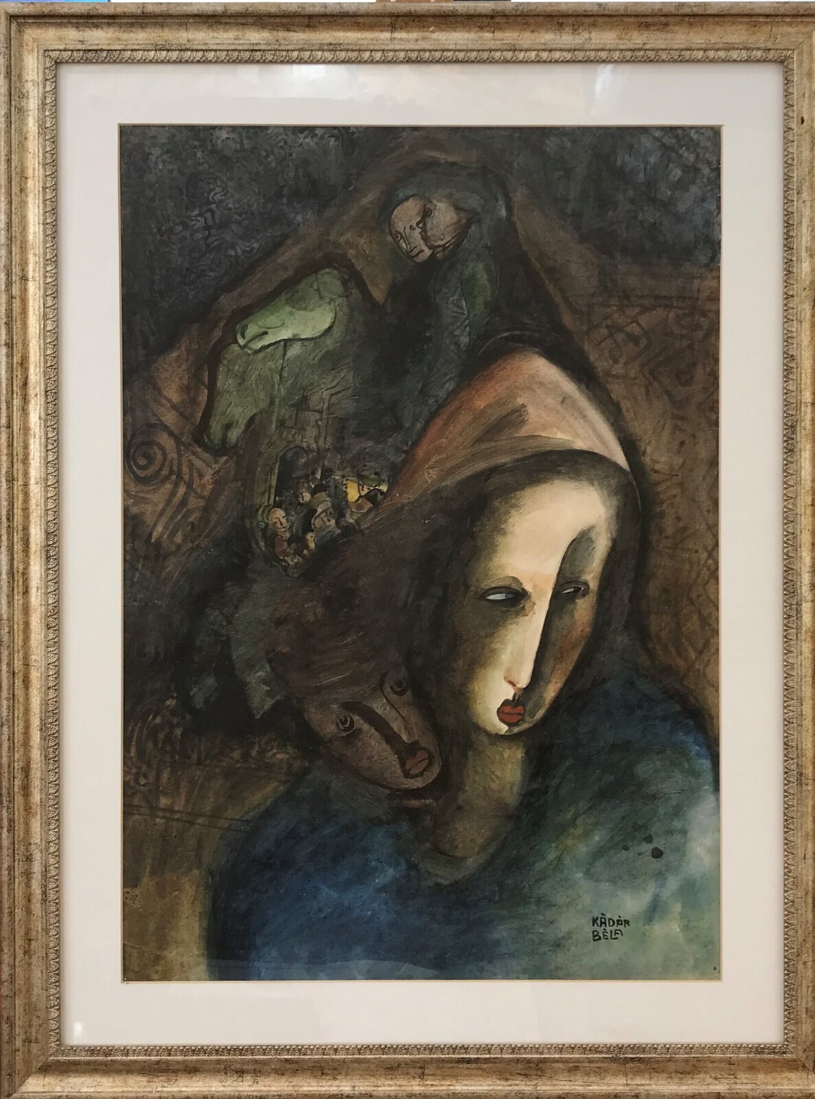 Two framed watercolor portraits featuring stylized figures with expressive faces and patterned backgrounds.