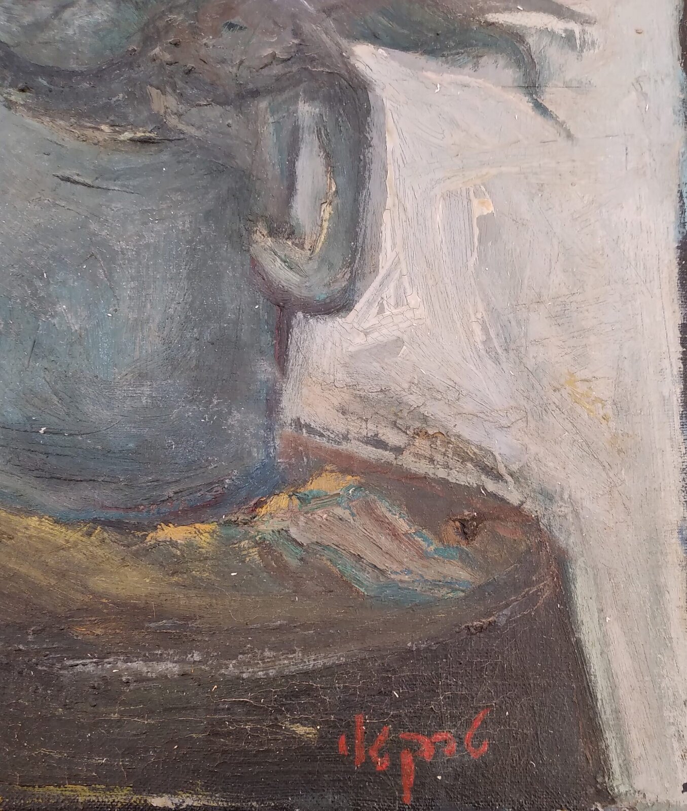 A still life featuring a vase of flowers with a portrait in the background.
