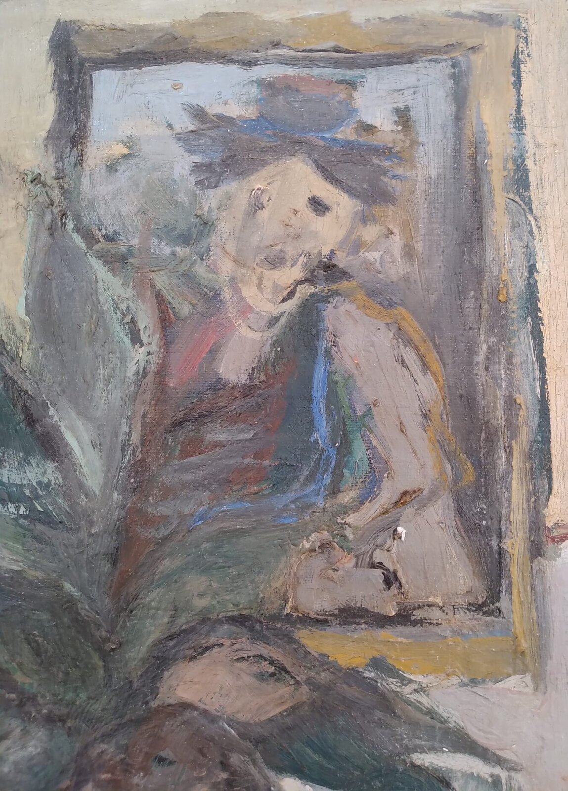 A still life featuring a vase of flowers with a portrait in the background.
