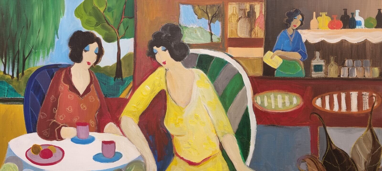 A vibrant café scene featuring two figures at a table with a third figure behind the counter.