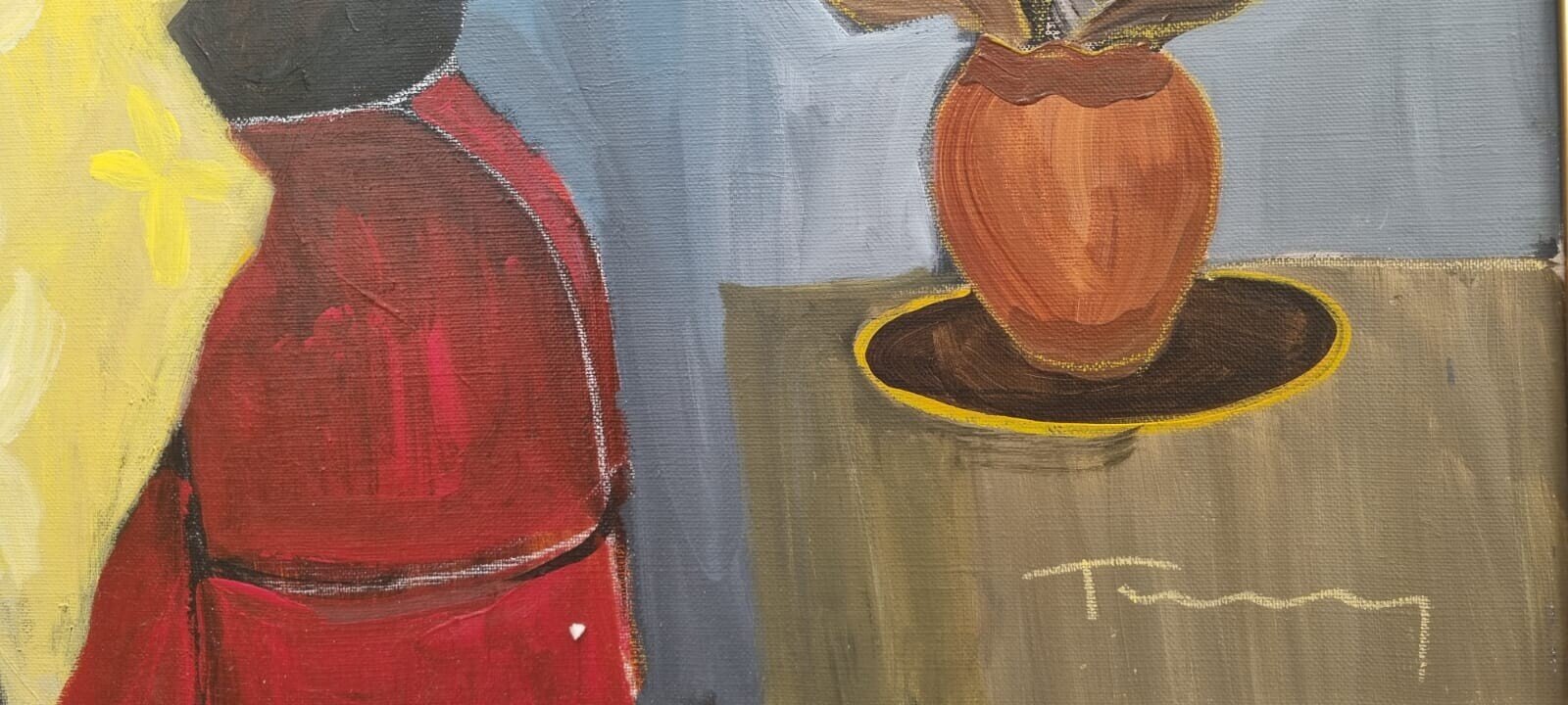 A vibrant café scene featuring two figures at a table with a third figure behind the counter.