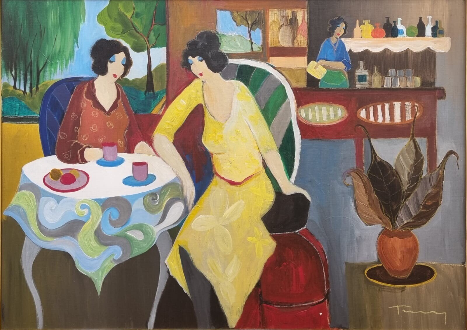 A vibrant café scene featuring two figures at a table with a third figure behind the counter.