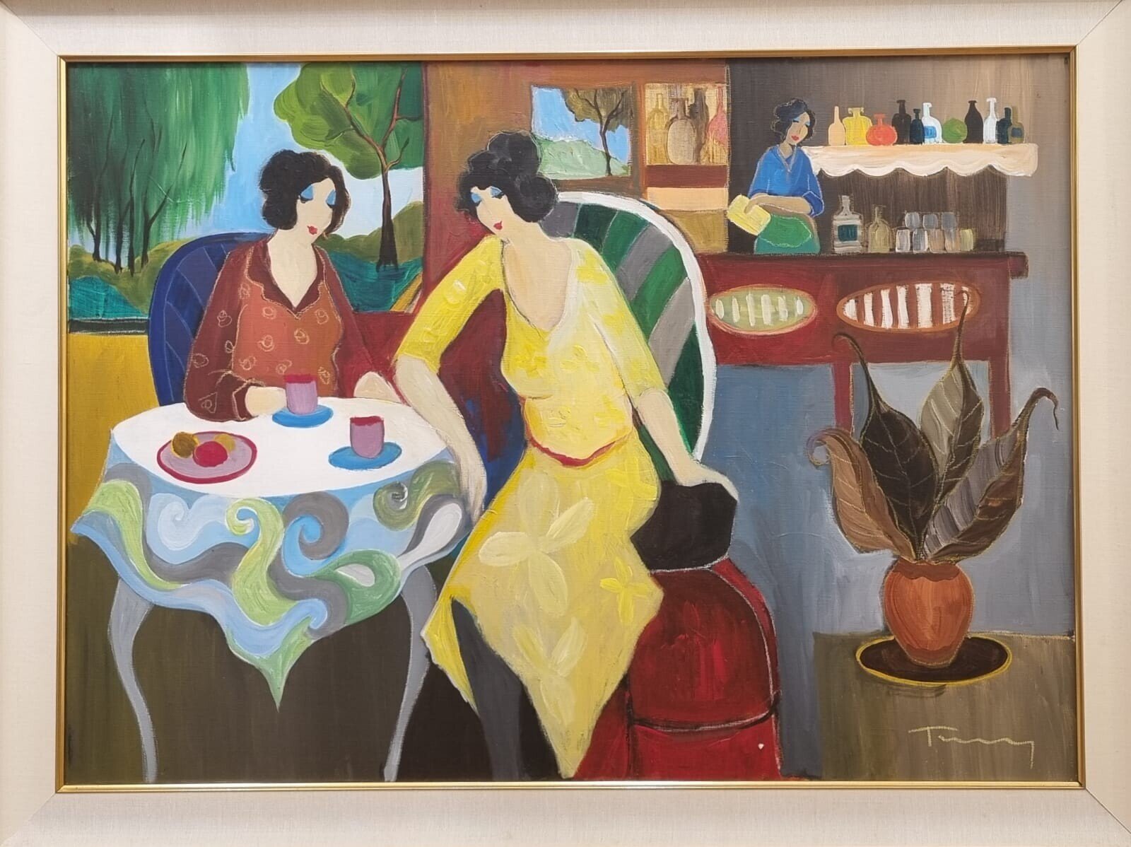 A vibrant café scene featuring two figures at a table with a third figure behind the counter.