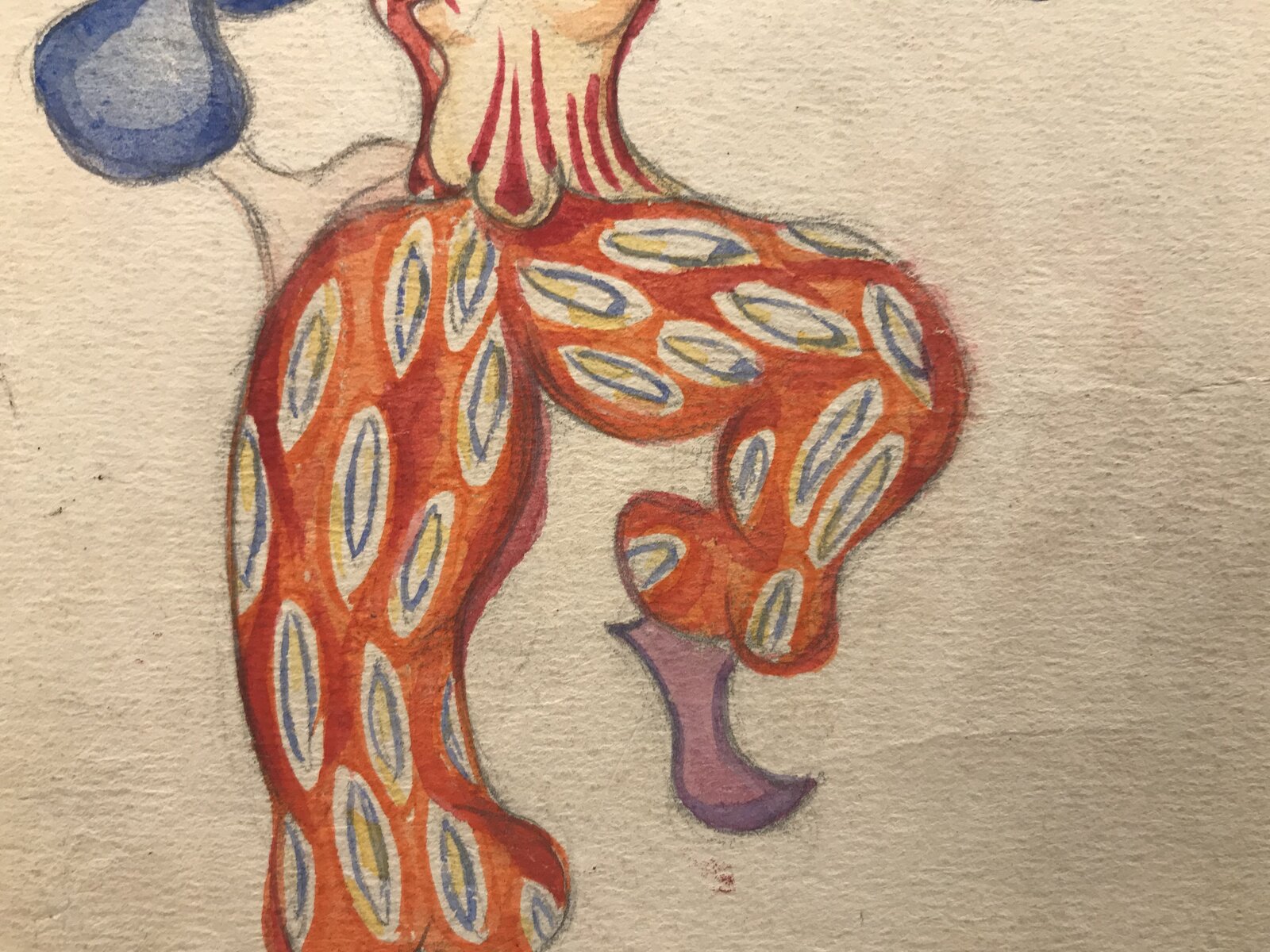 A whimsical sketch of a figure in a colorful costume performing a dynamic dance pose.