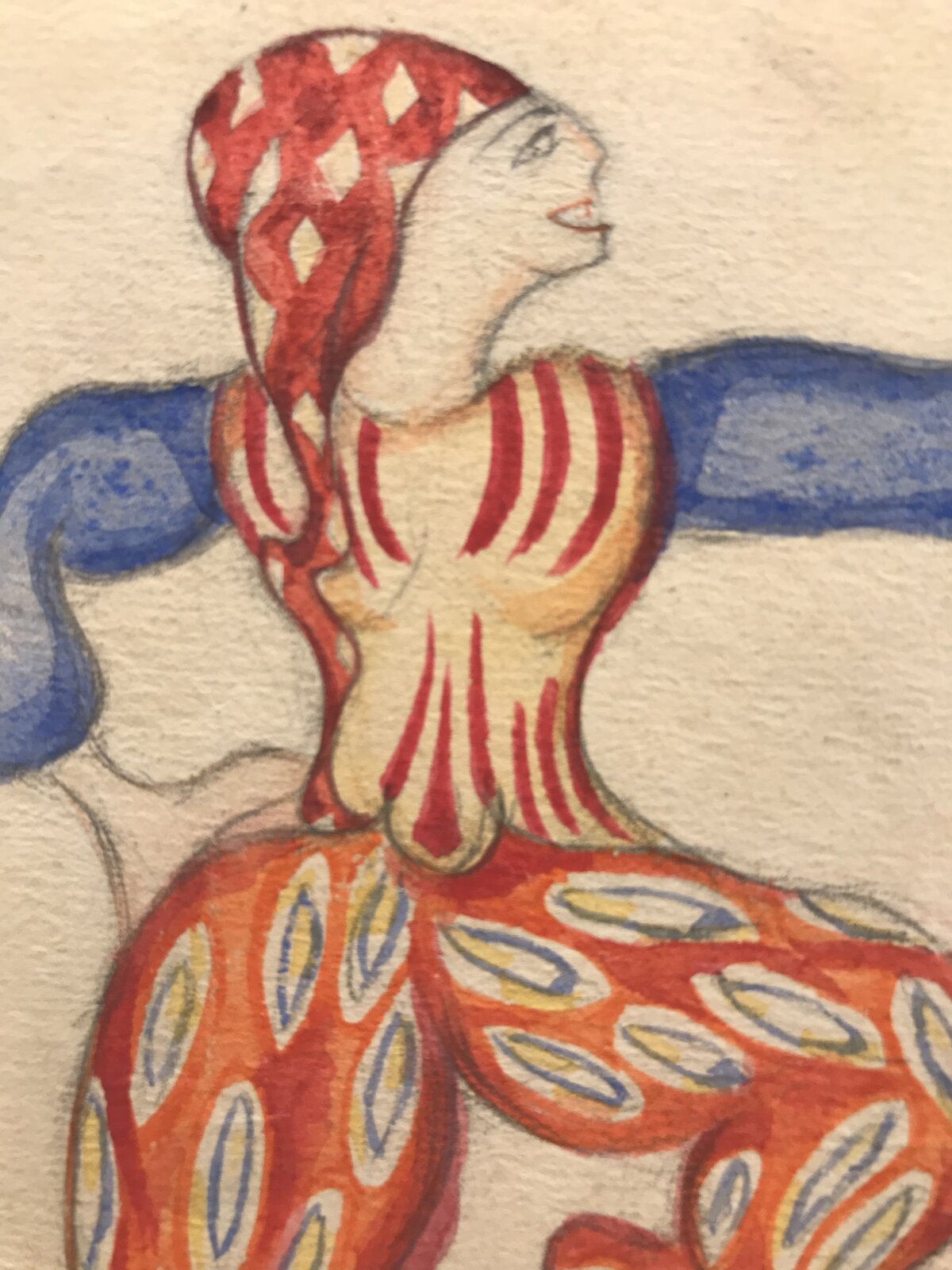 A whimsical sketch of a figure in a colorful costume performing a dynamic dance pose.