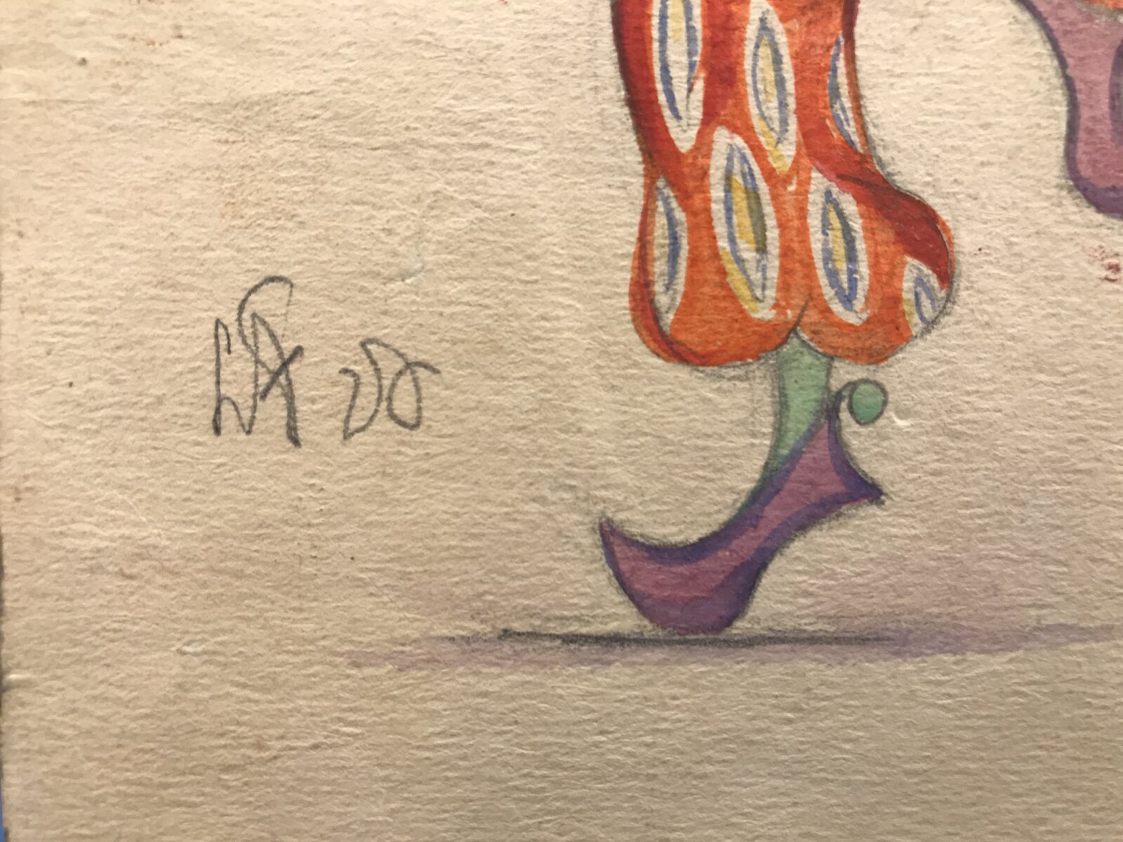 A whimsical sketch of a figure in a colorful costume performing a dynamic dance pose.