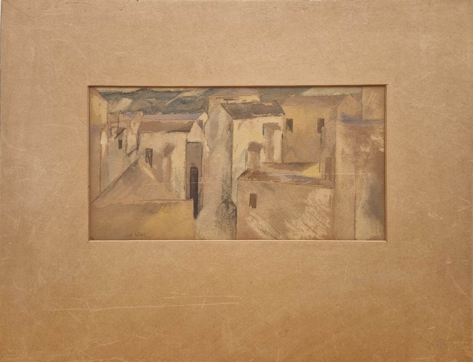 A watercolor landscape of a sun-drenched village with blocky buildings and distant mountains.