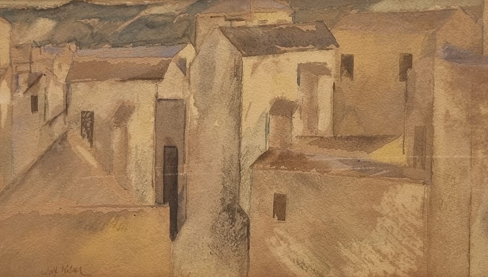 A watercolor landscape of a sun-drenched village with blocky buildings and distant mountains.