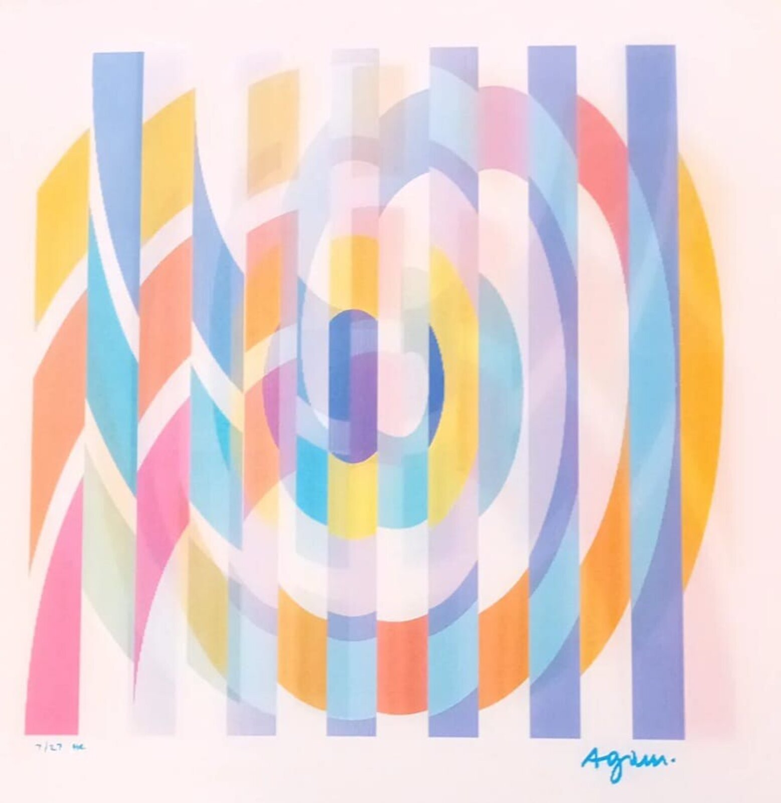 A vibrant abstract composition featuring concentric circles and vertical bars in a rainbow of soft, blended colors.