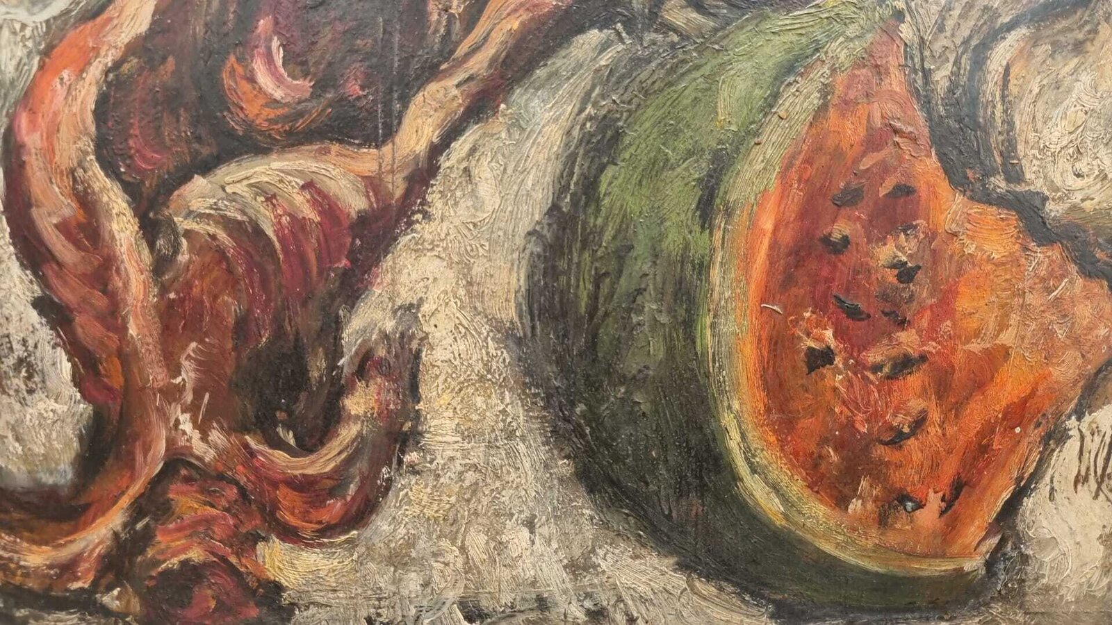 A still life painting featuring a red octopus and a sliced watermelon on a textured surface.