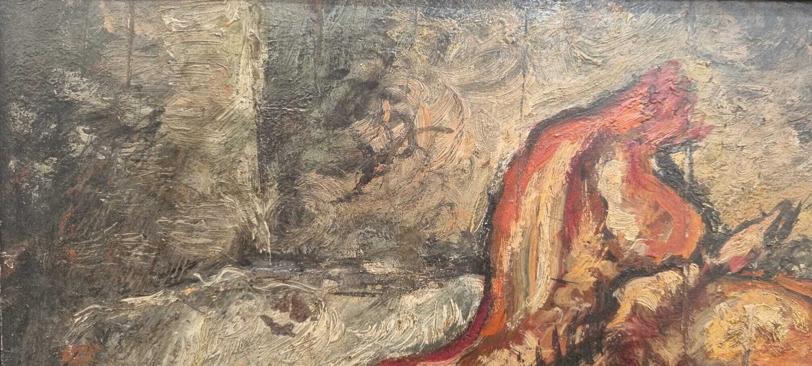 A still life painting featuring a red octopus and a sliced watermelon on a textured surface.