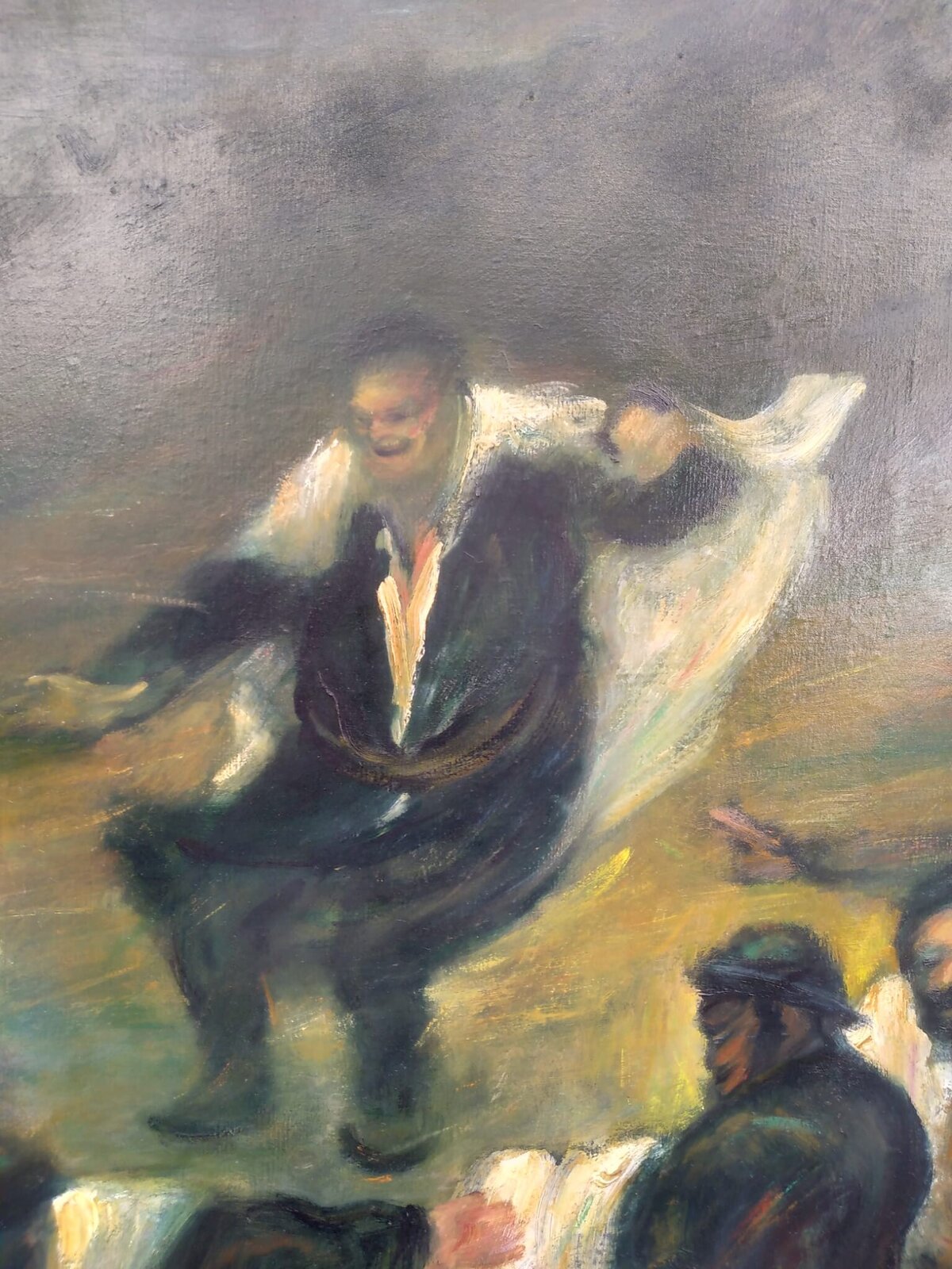 A dynamic oil painting of a group of figures in motion, rendered with loose brushwork and dramatic lighting.
