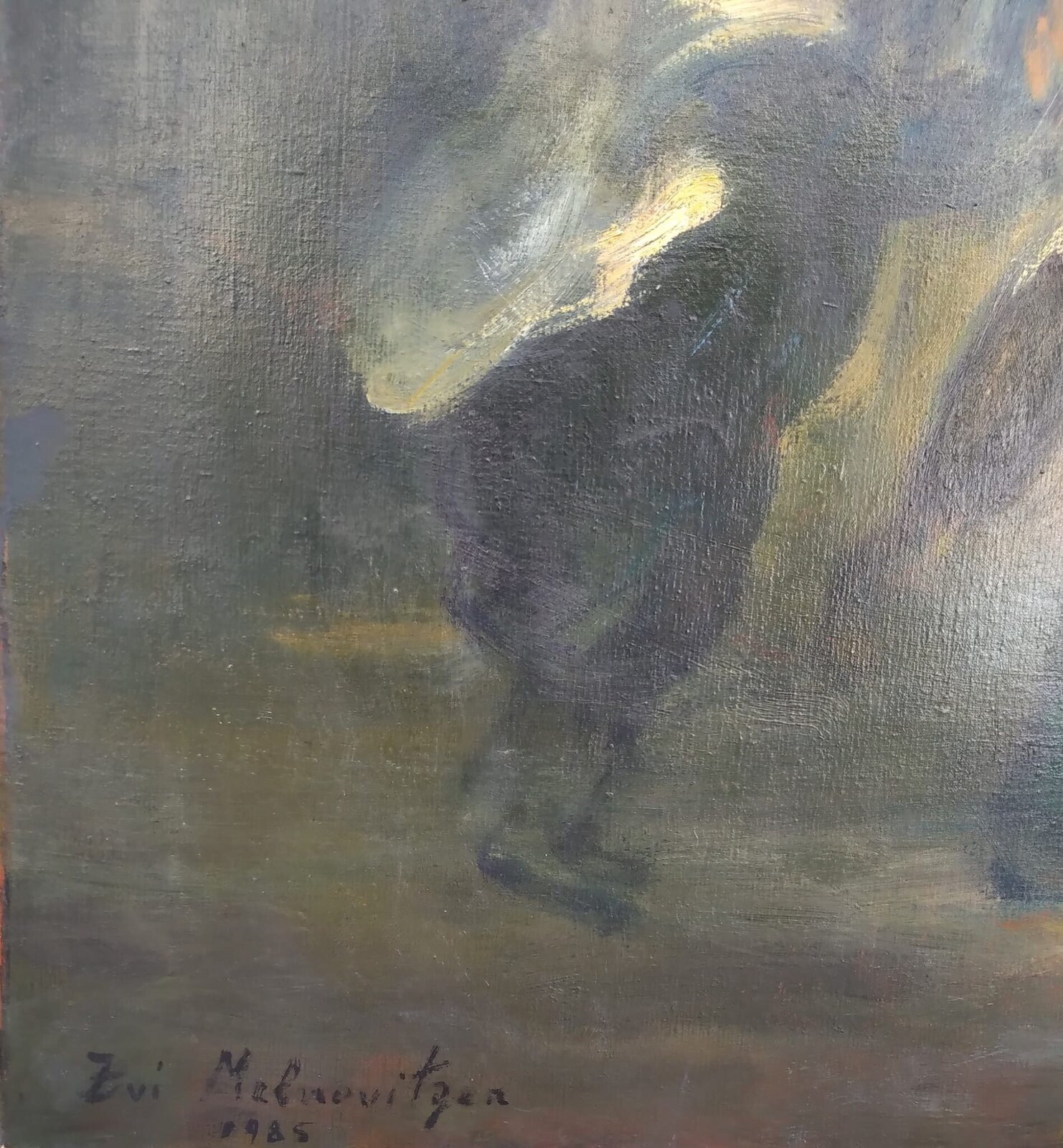 A dynamic oil painting of a group of figures in motion, rendered with loose brushwork and dramatic lighting.